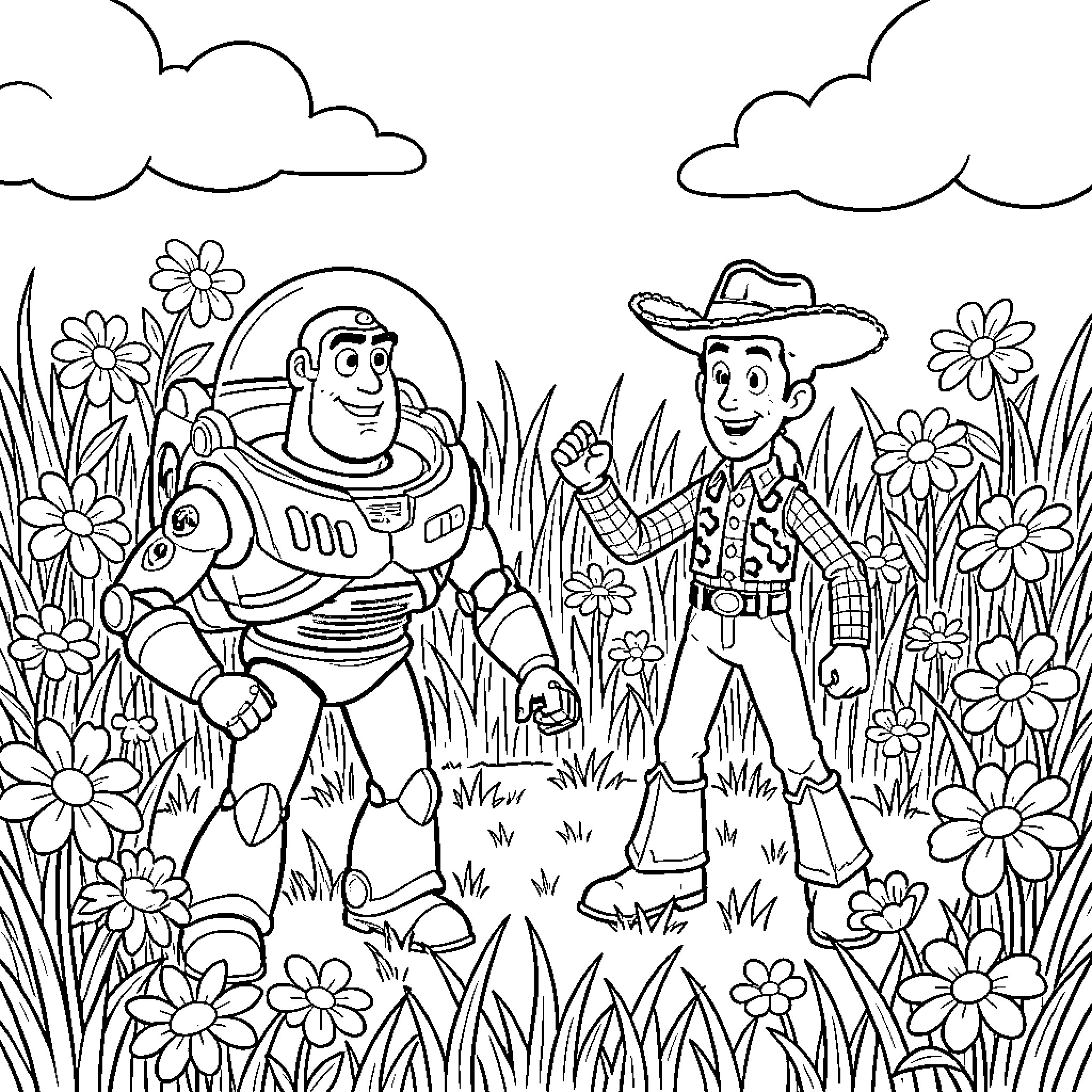 Buzz Lightyear and Woody exploring a flower-filled meadow Coloring Page (free black-and-white line drawing printable PDF for all, from beginners to advanced learners, including children, teens, adults, and seniors)