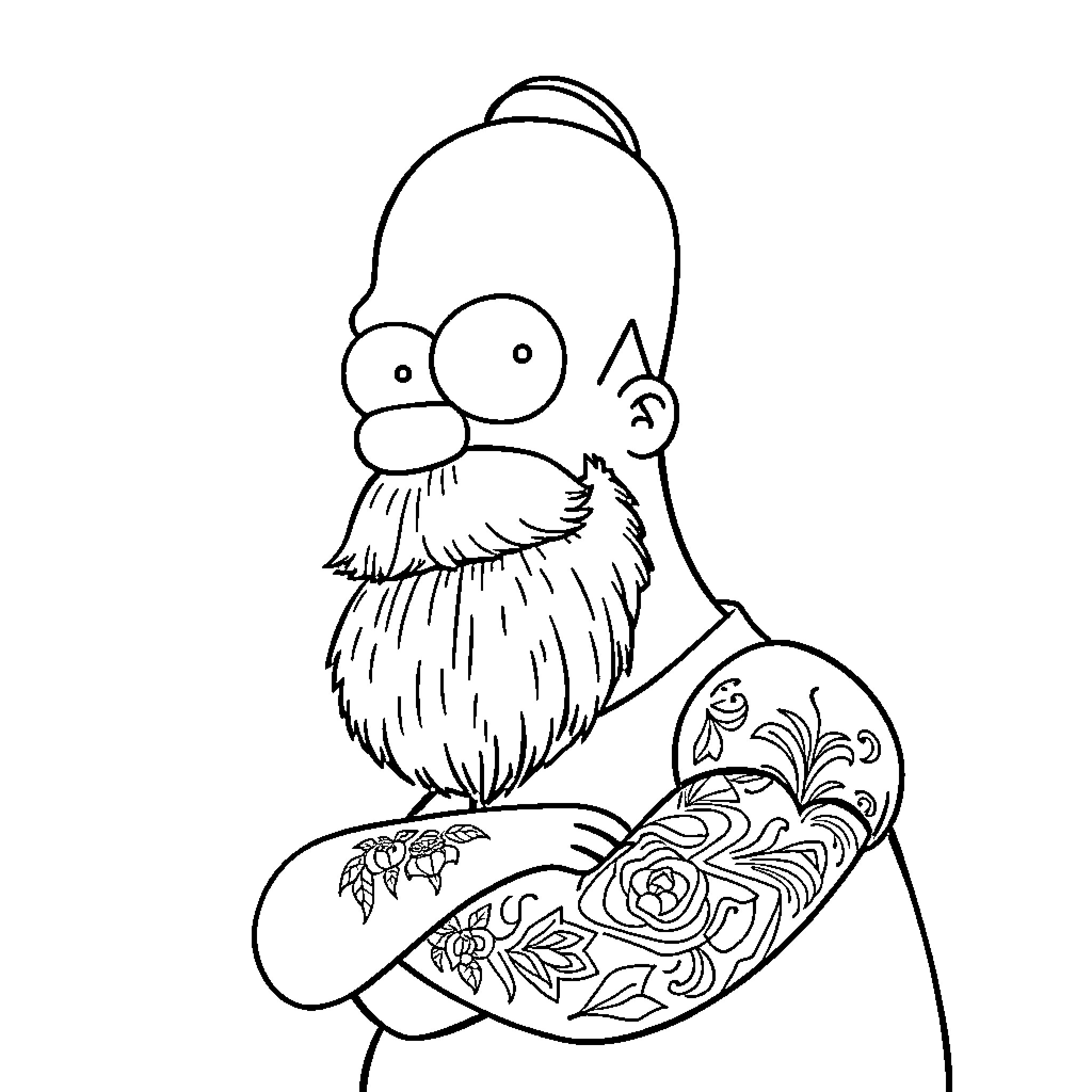 Homer Simpson with Tattoo and Concerned Expression Coloring Page (free black-and-white line drawing printable PDF for all, from beginners to advanced learners, including children, teens, adults, and seniors)
