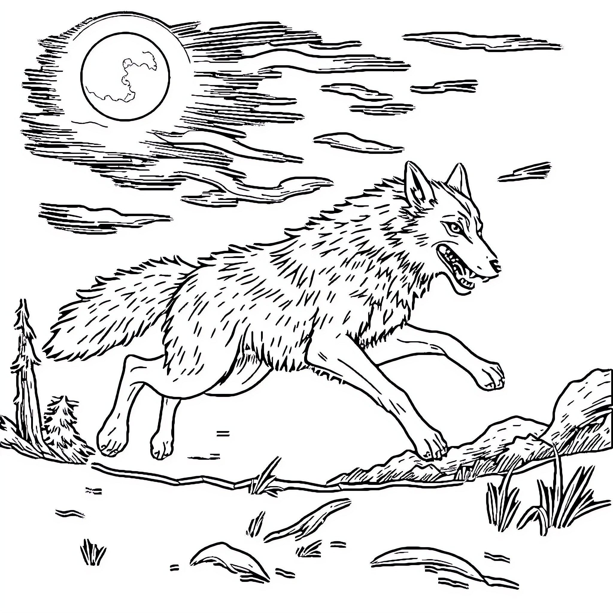 Werewolf howling under the moonlight Coloring Page (free black-and-white line drawing printable PDF for all, from beginners to advanced learners, including children, teens, adults, and seniors)