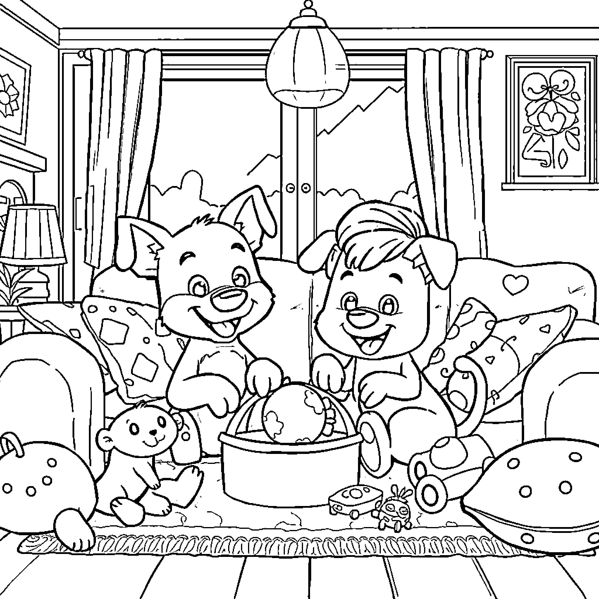 Bluey and Friends Enjoying a Cozy Home Coloring Page (free black-and-white line drawing printable PDF for all, from beginners to advanced learners, including children, teens, adults, and seniors)