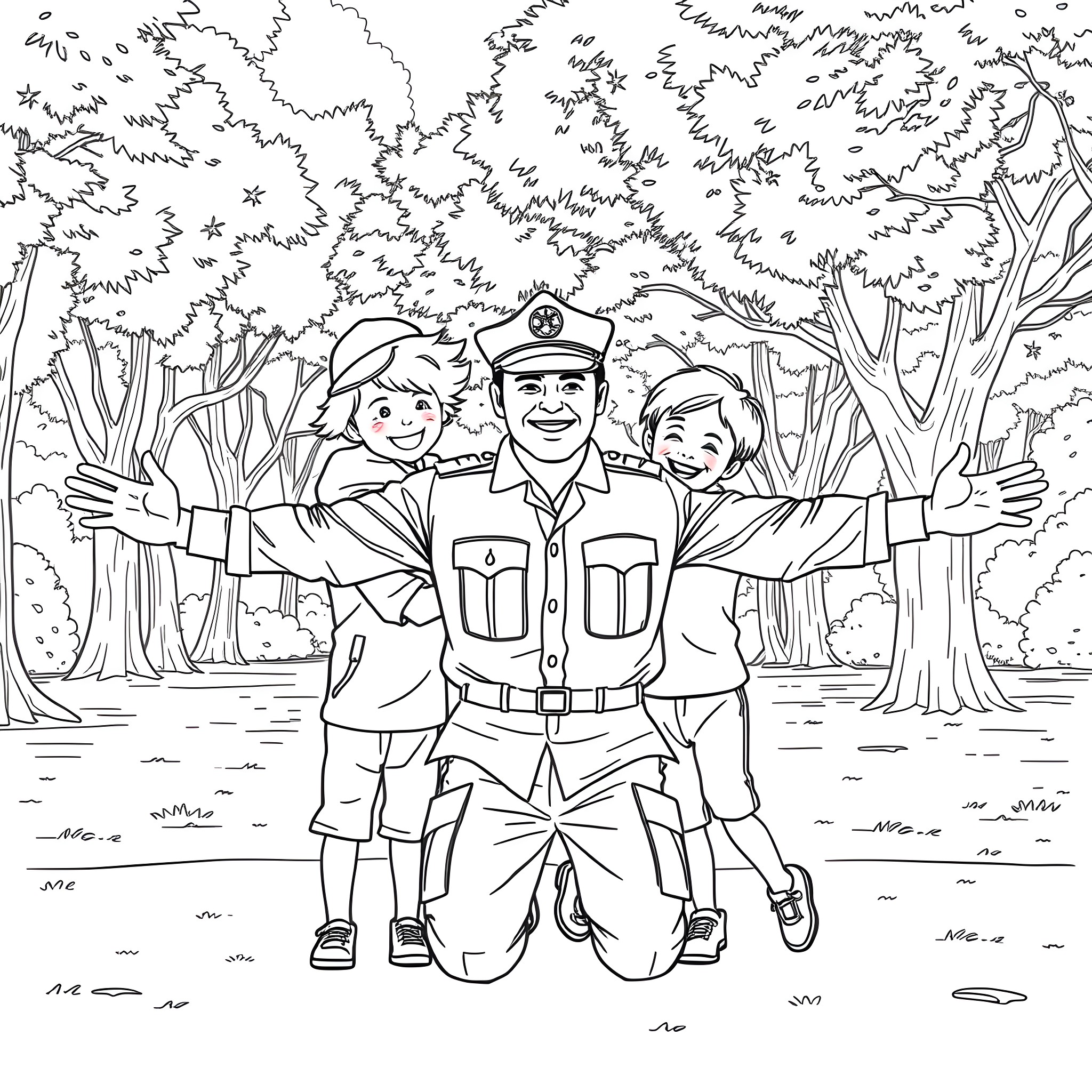 Green Beret soldiers posing with children in a forest Coloring Page (free black-and-white line drawing printable PDF for all, from beginners to advanced learners, including children, teens, adults, and seniors)