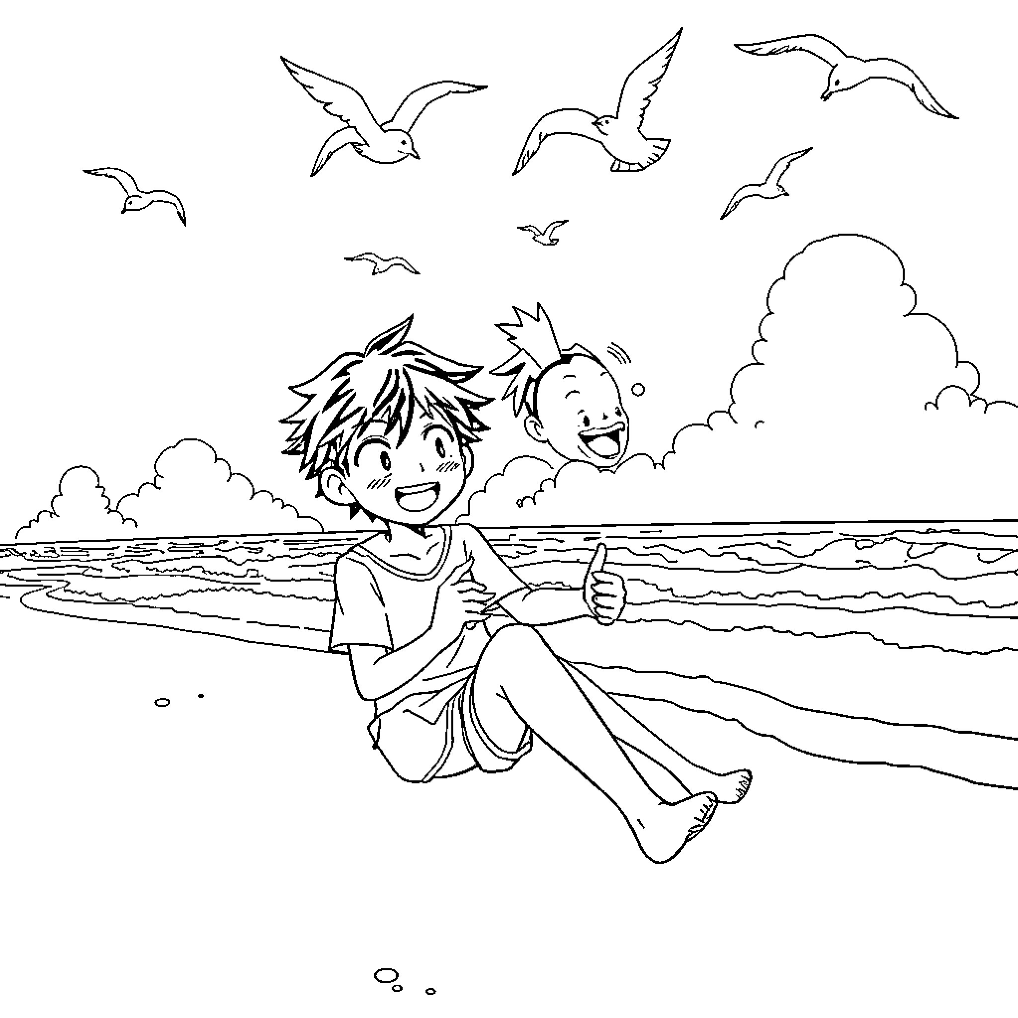 Deku enjoying a day at the beach Coloring Page (free black-and-white line drawing printable PDF for all, from beginners to advanced learners, including children, teens, adults, and seniors)