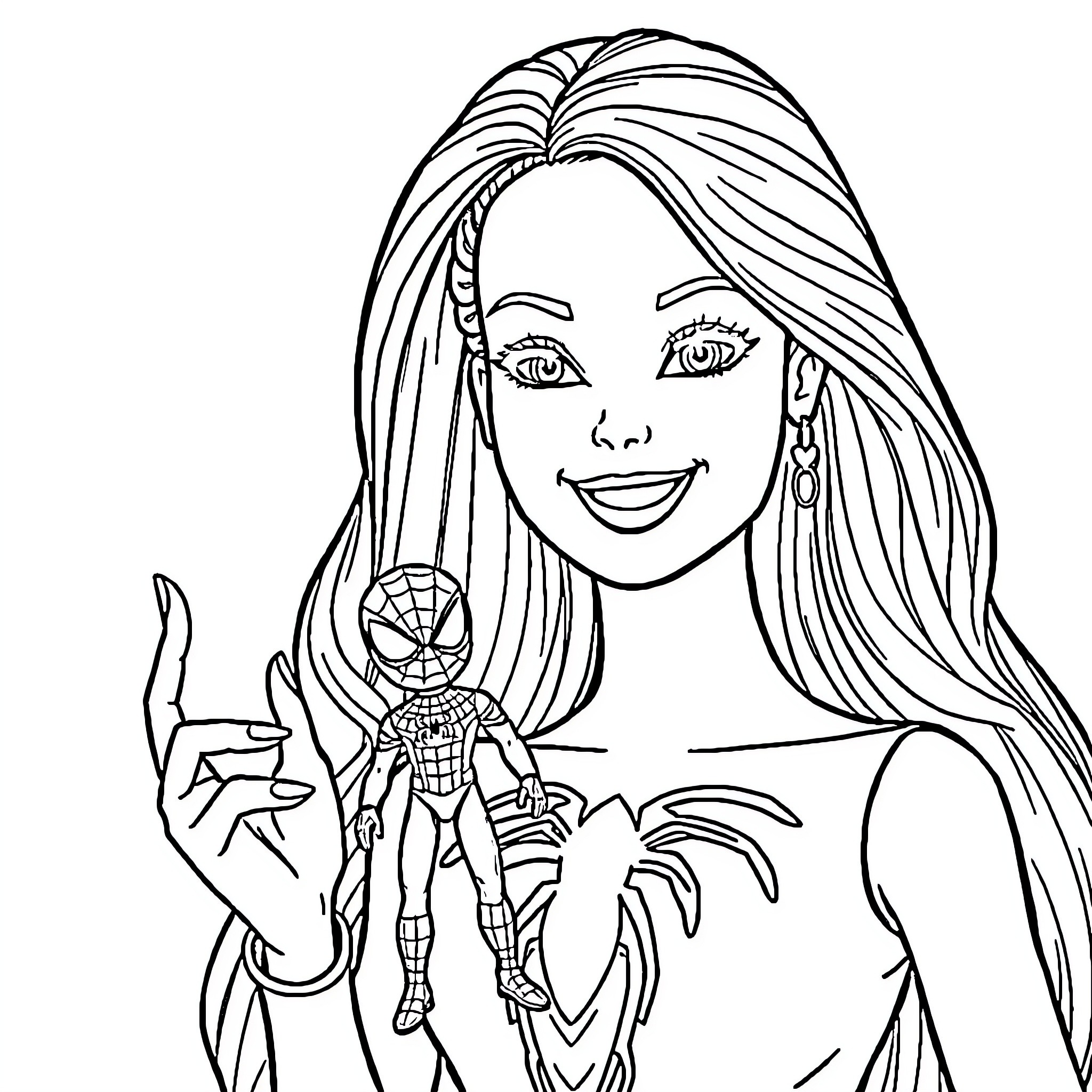 Barbie playing with toy superhero figure Coloring Page (free black-and-white line drawing printable PDF for all, from beginners to advanced learners, including children, teens, adults, and seniors)
