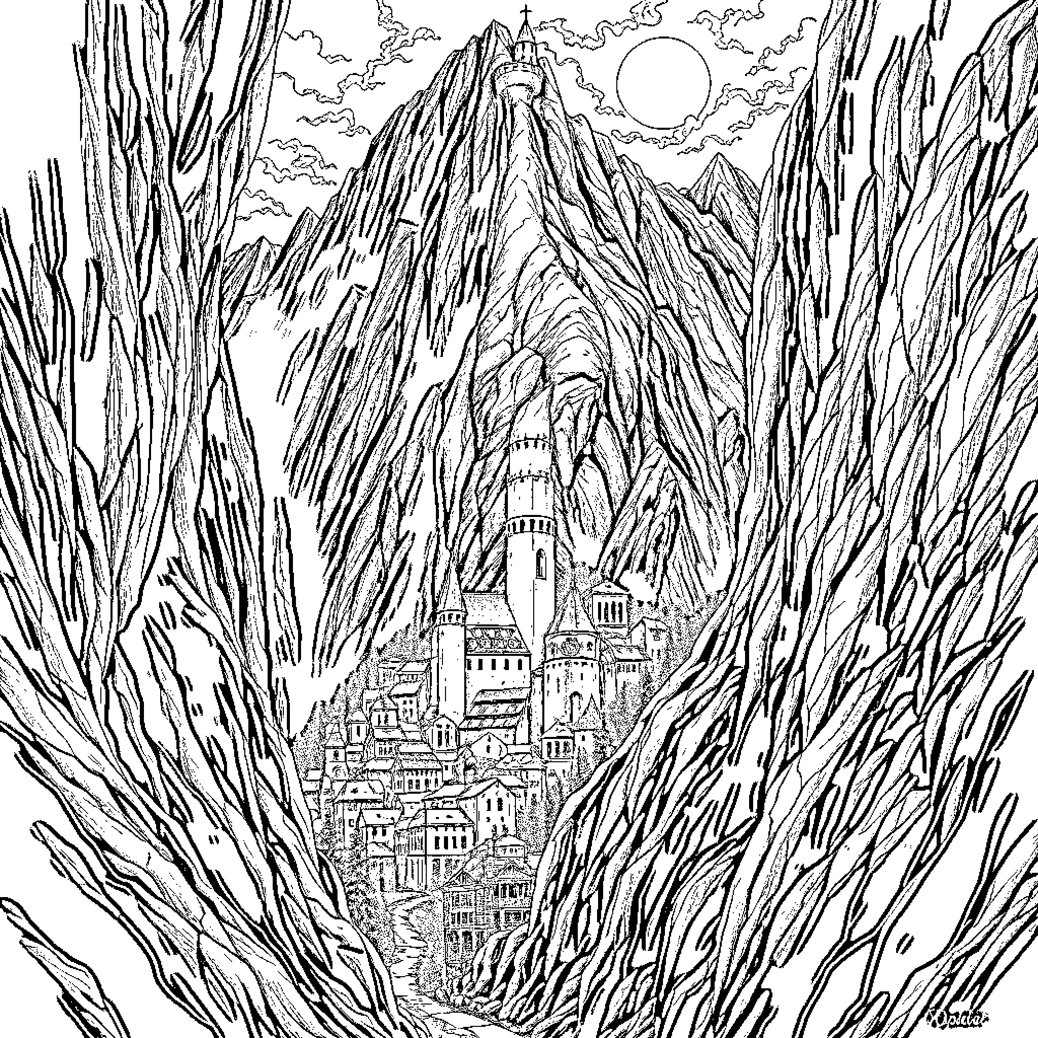 Town nestled in the majestic mountain landscape Coloring Page (free black-and-white line drawing printable PDF for all, from beginners to advanced learners, including children, teens, adults, and seniors)