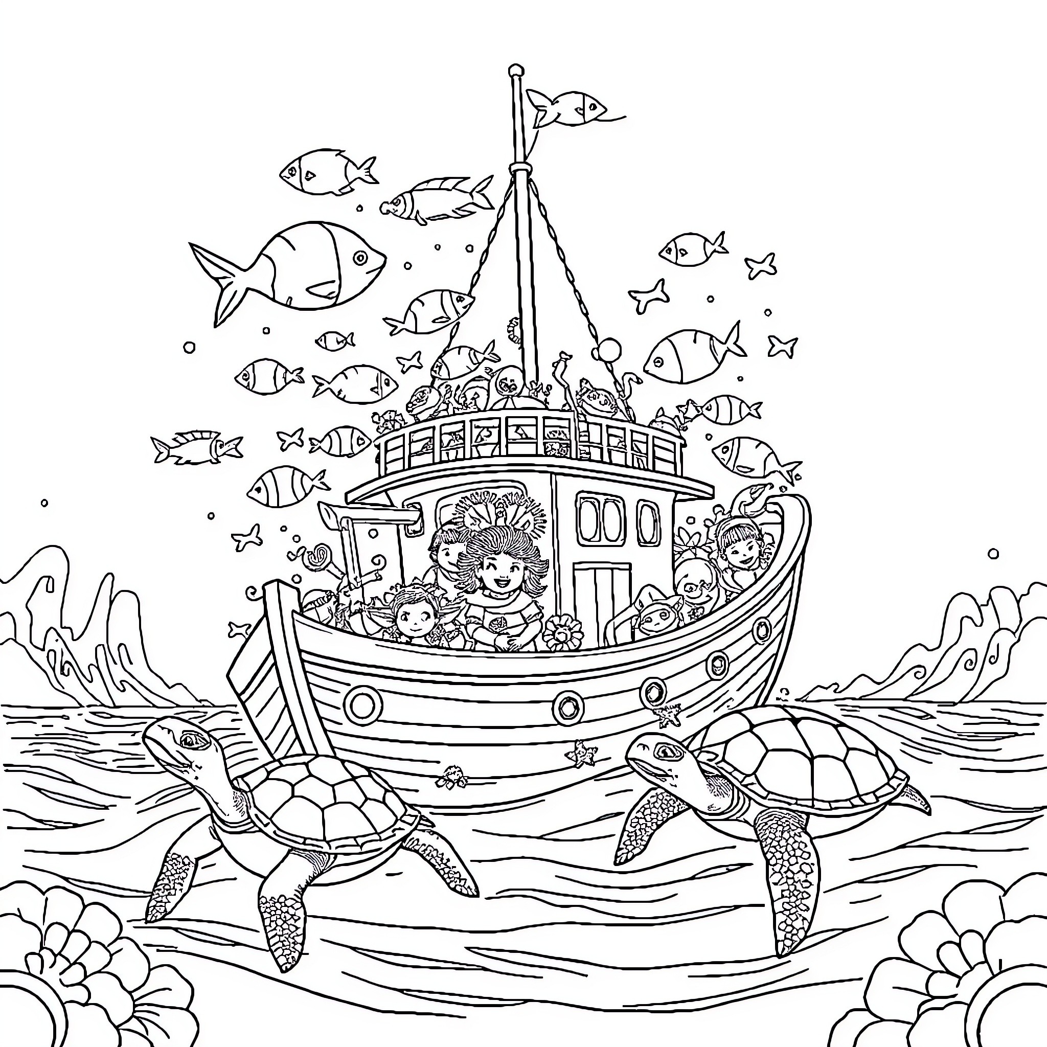 Bateau with seafaring friends in the ocean Coloring Page (free black-and-white line drawing printable PDF for all, from beginners to advanced learners, including children, teens, adults, and seniors)
