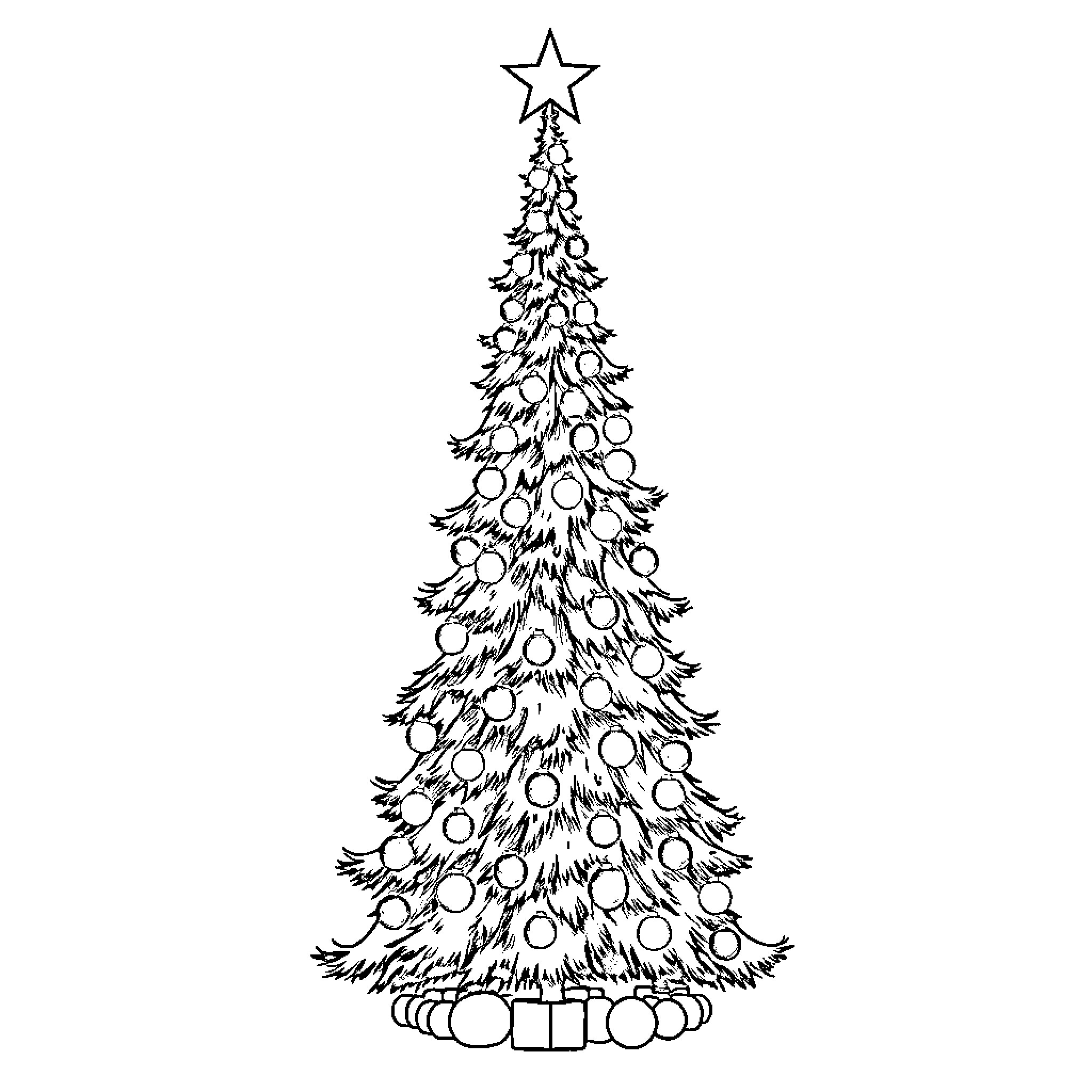 Christmas Tree with Ornaments and Star Coloring Page (free black-and-white line drawing printable PDF for all, from beginners to advanced learners, including children, teens, adults, and seniors)