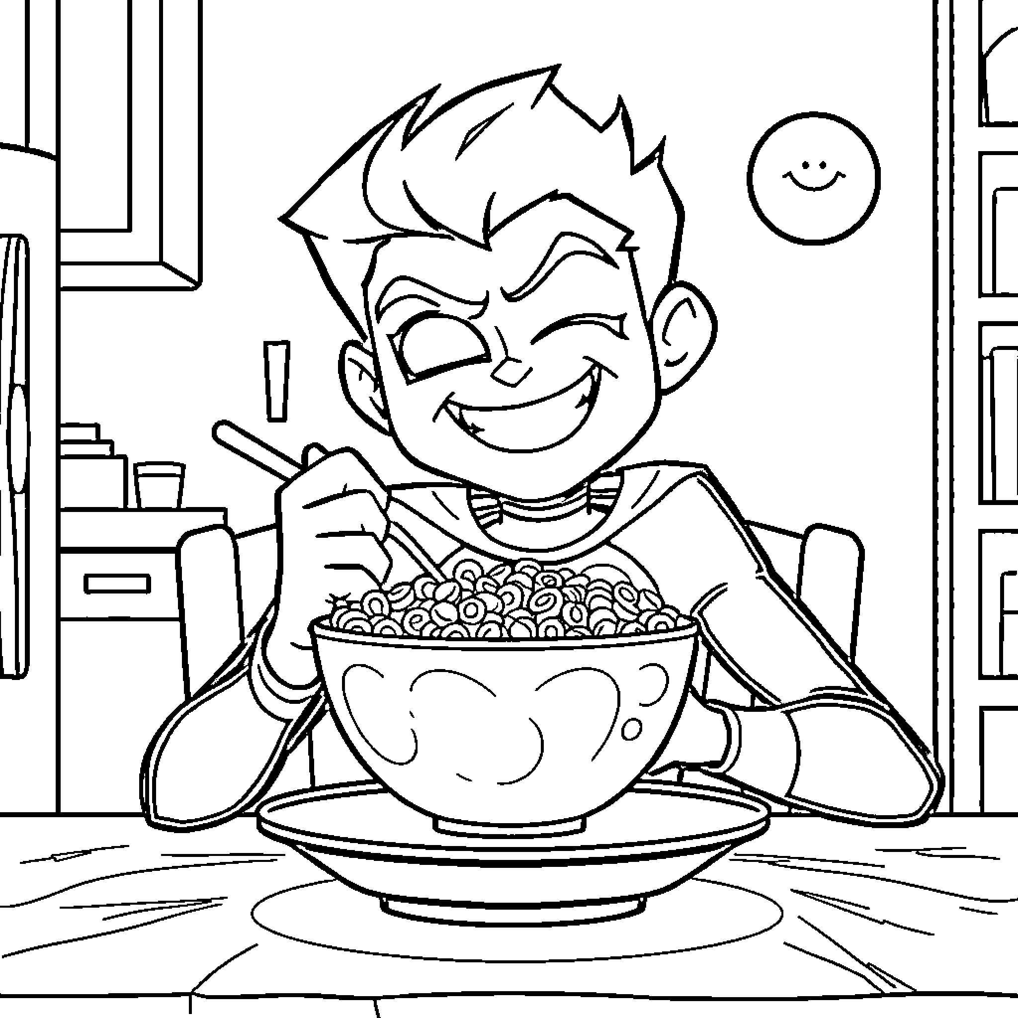 Beast Boy enjoying a tasty meal in the kitchen Coloring Page (free black-and-white line drawing printable PDF for all, from beginners to advanced learners, including children, teens, adults, and seniors)