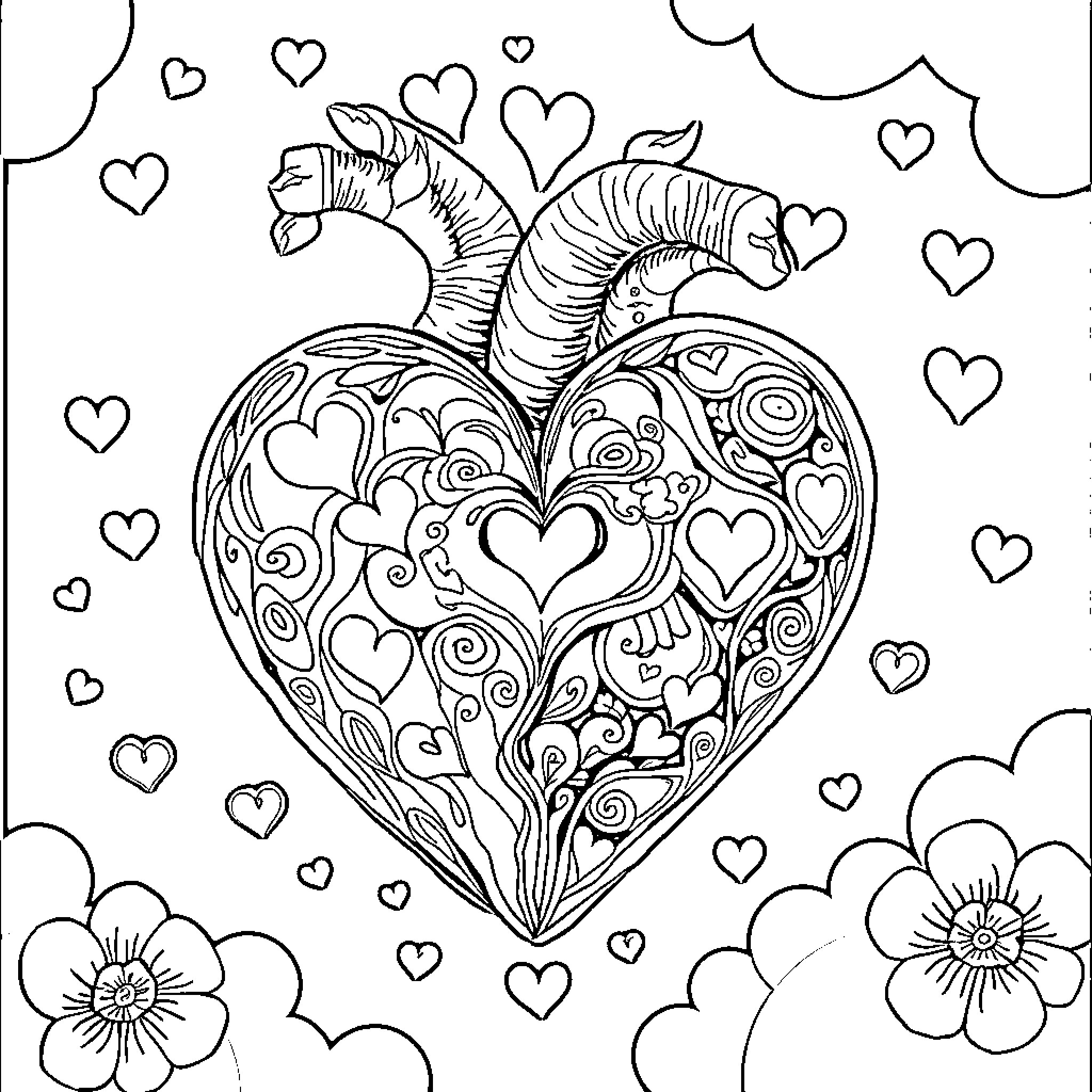 Heart Shaped Zentangle with Flowers and Butterflies Coloring Page (free black-and-white line drawing printable PDF for all, from beginners to advanced learners, including children, teens, adults, and seniors)