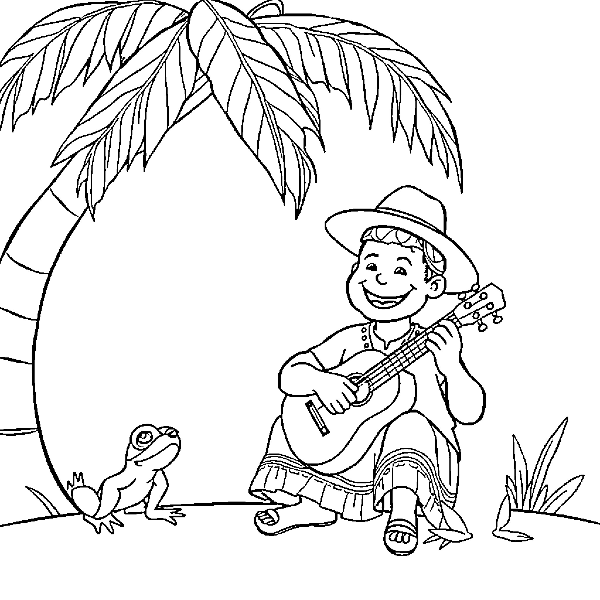 Jibaro playing guitar for a frog in the jungle Coloring Page (free black-and-white line drawing printable PDF for all, from beginners to advanced learners, including children, teens, adults, and seniors)