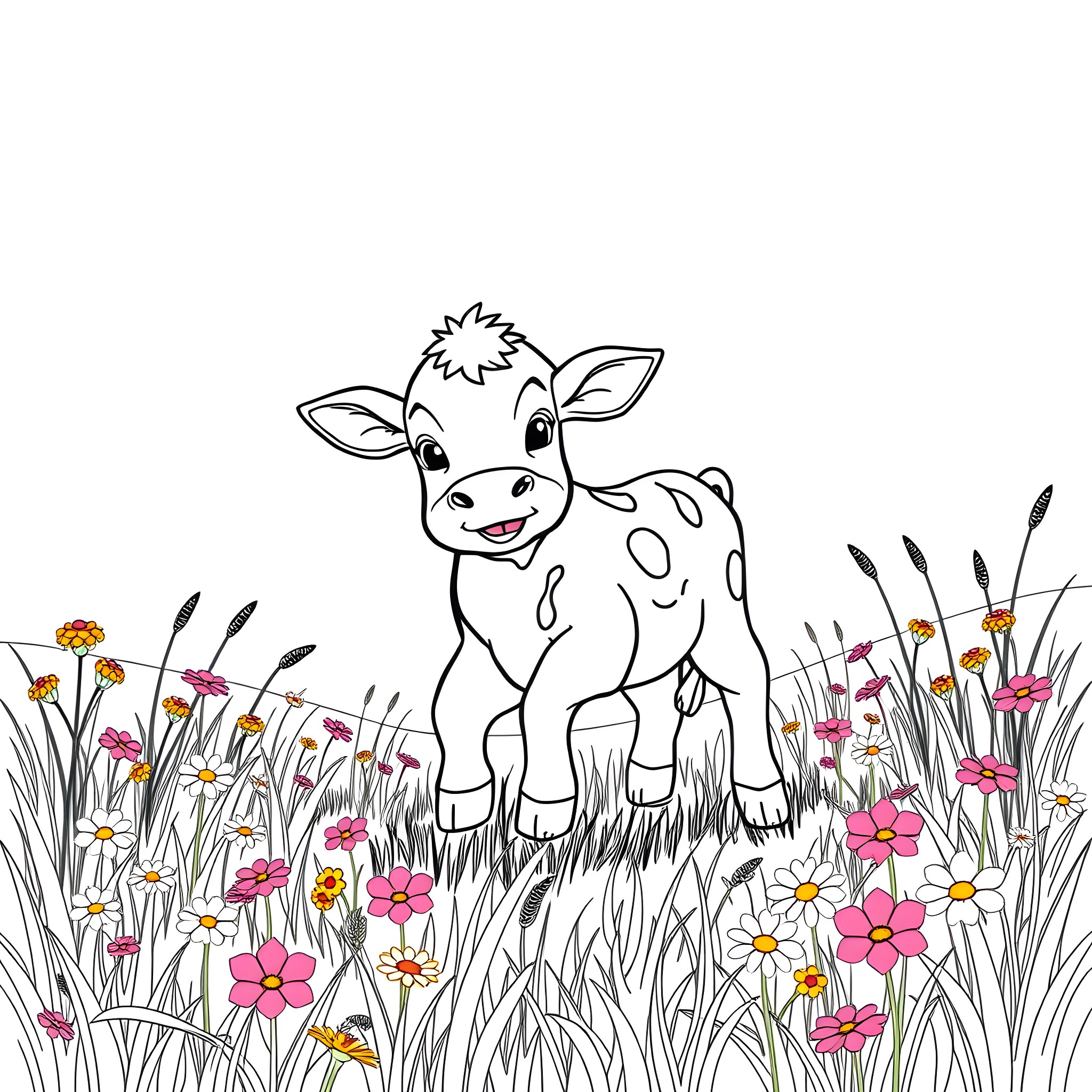 Cow calf frolicking in a flowery meadow Coloring Page (free black-and-white line drawing printable PDF for all, from beginners to advanced learners, including children, teens, adults, and seniors)