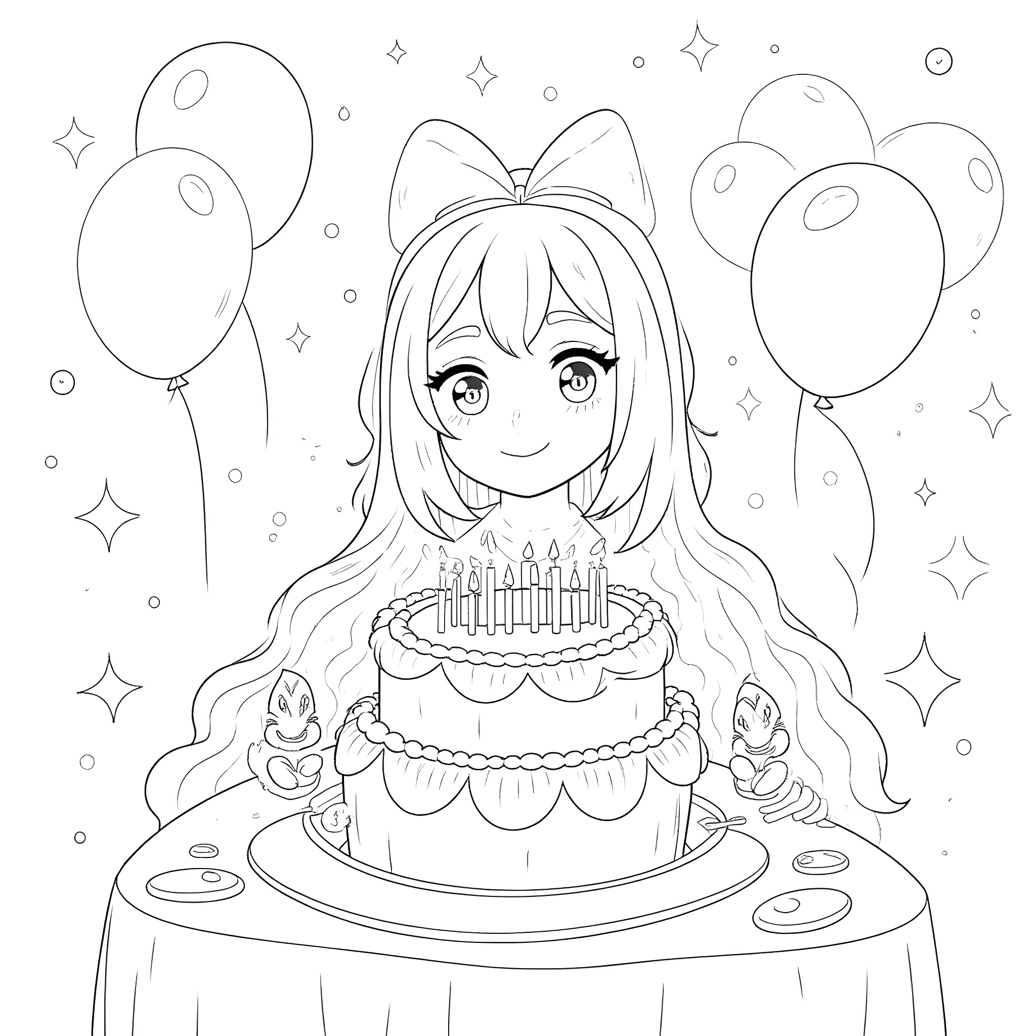 Kuromi celebrating her birthday with cake and balloons Coloring Page (free black-and-white line drawing printable PDF for all, from beginners to advanced learners, including children, teens, adults, and seniors)