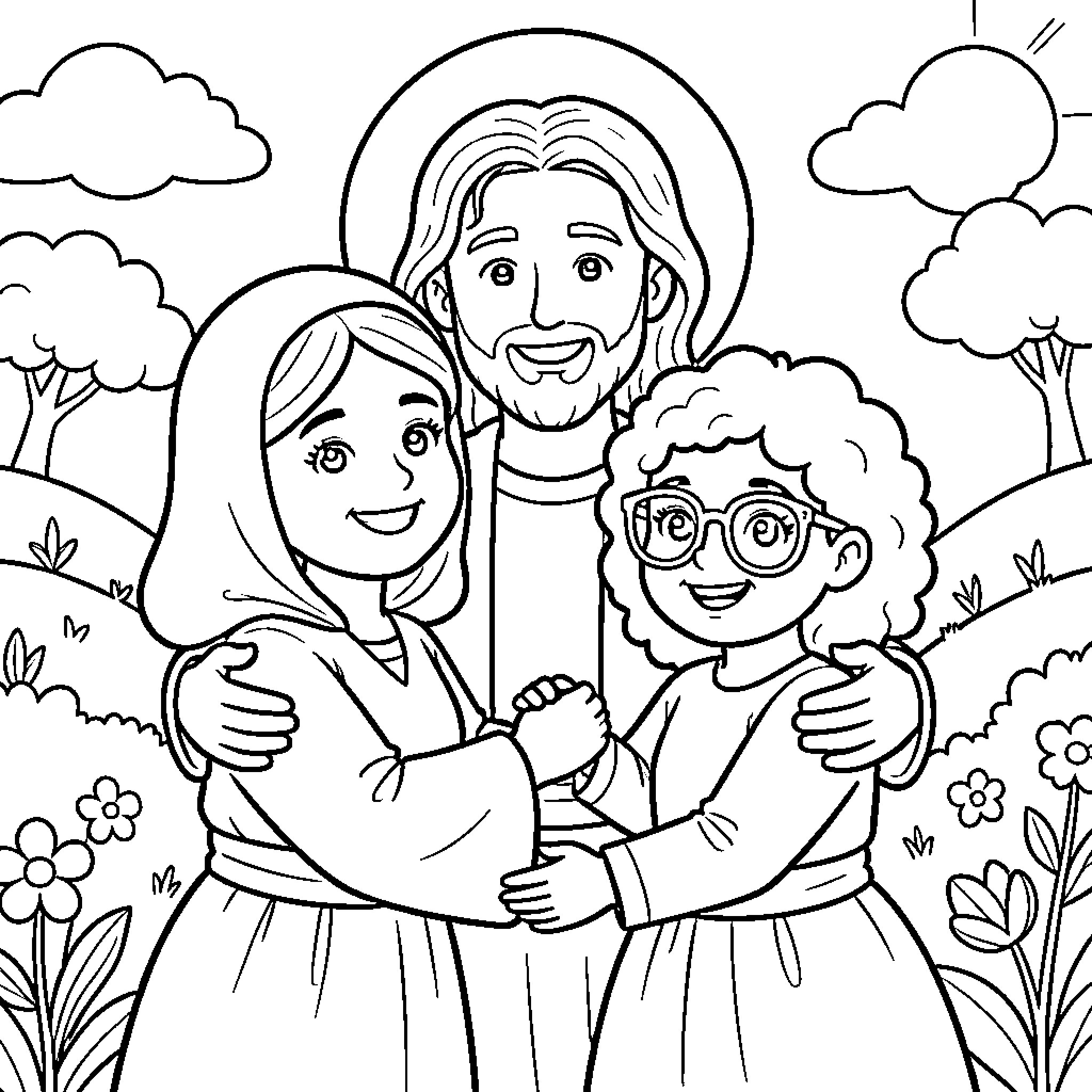 Jesus with a Family in a Peaceful Outdoor Scene Coloring Page (free black-and-white line drawing printable PDF for all, from beginners to advanced learners, including children, teens, adults, and seniors)