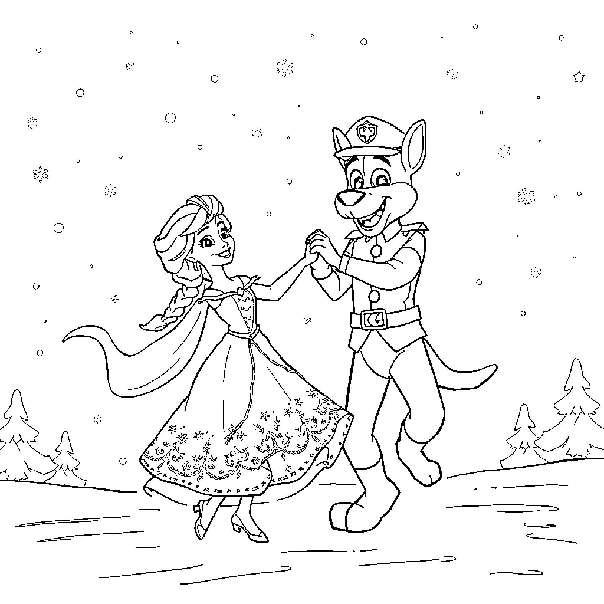 Queen and Prince Dancing in the Snow Coloring Page (free black-and-white line drawing printable PDF for all, from beginners to advanced learners, including children, teens, adults, and seniors)