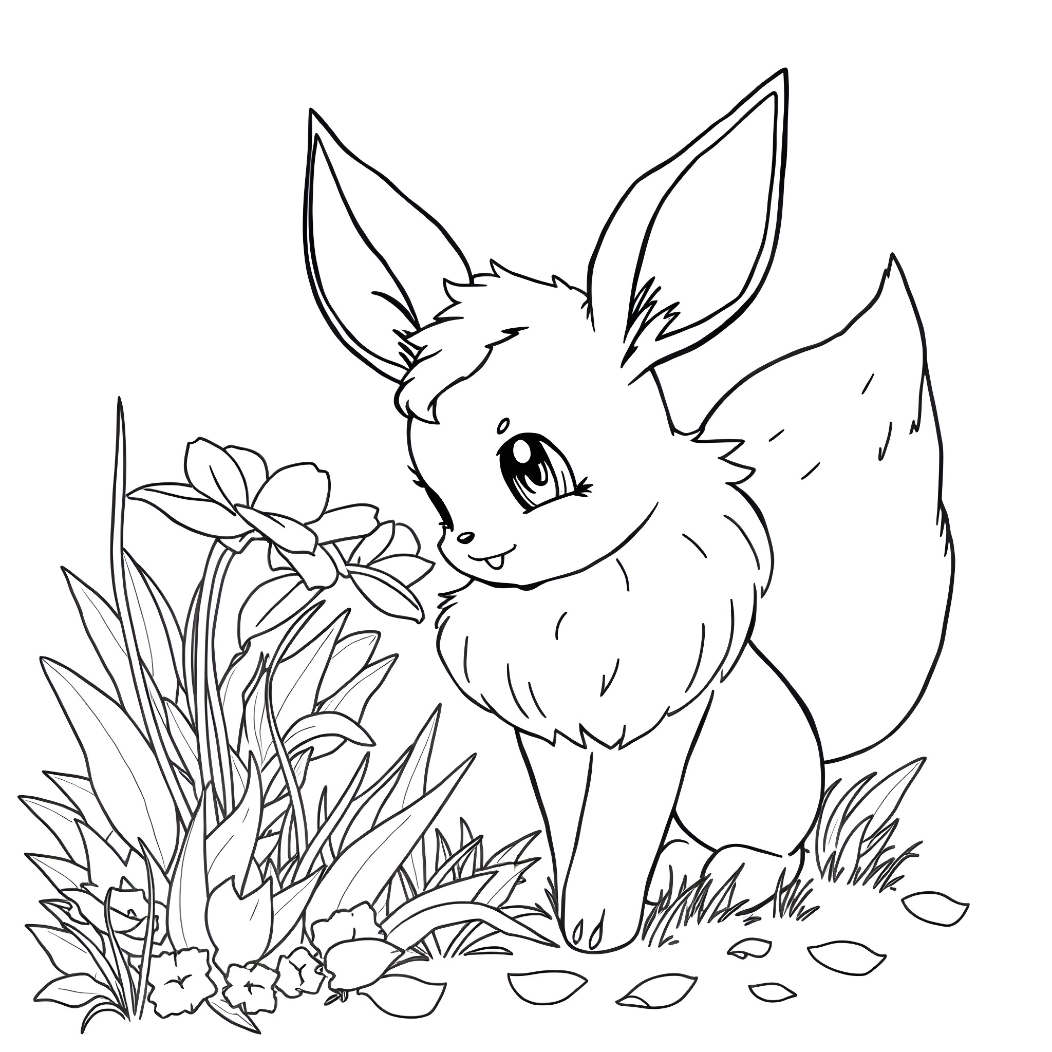 Eevee exploring a floral garden Coloring Page (free black-and-white line drawing printable PDF for all, from beginners to advanced learners, including children, teens, adults, and seniors)