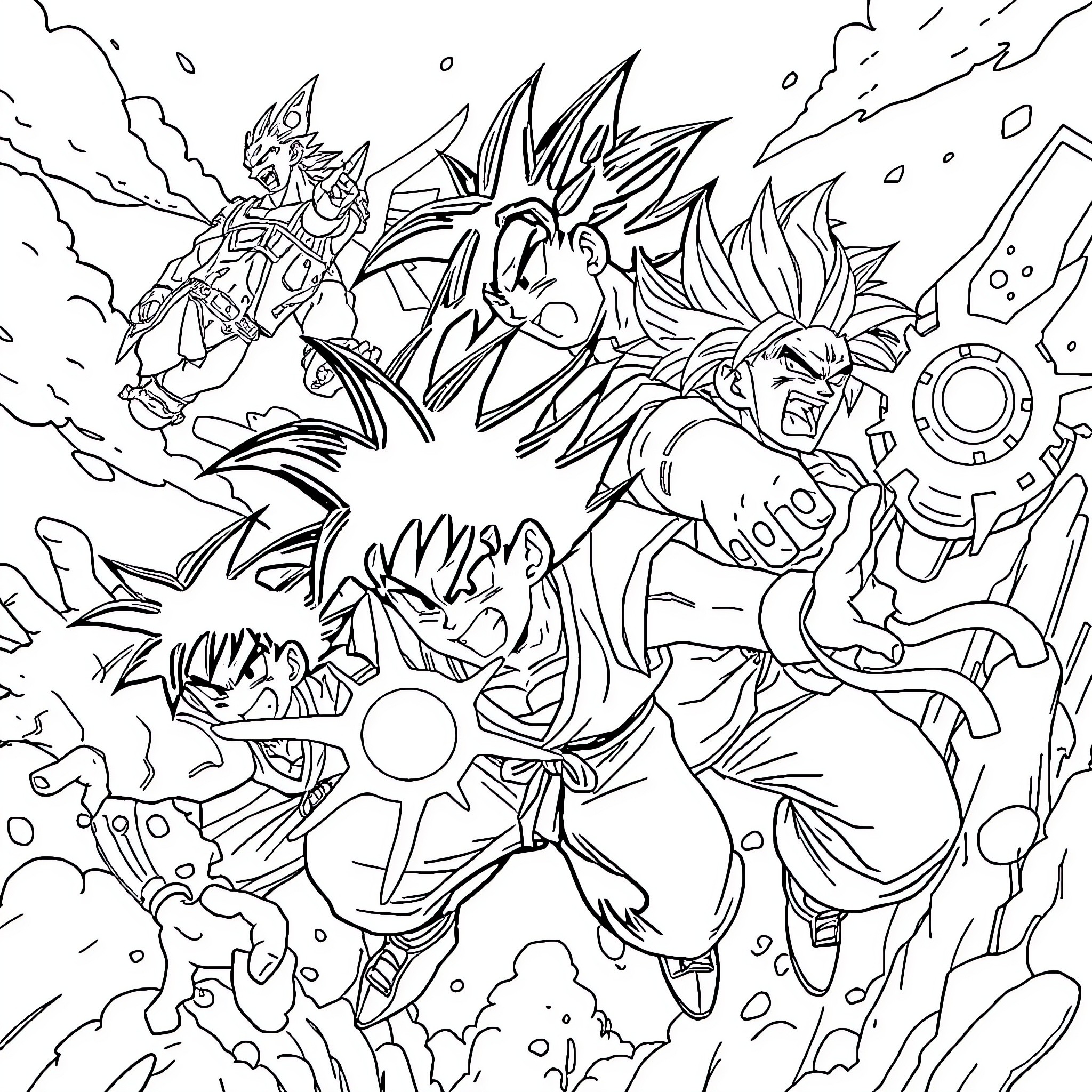 Dragon Ball Z Intense Battle Scene Coloring Page (free black-and-white line drawing printable PDF for all, from beginners to advanced learners, including children, teens, adults, and seniors)