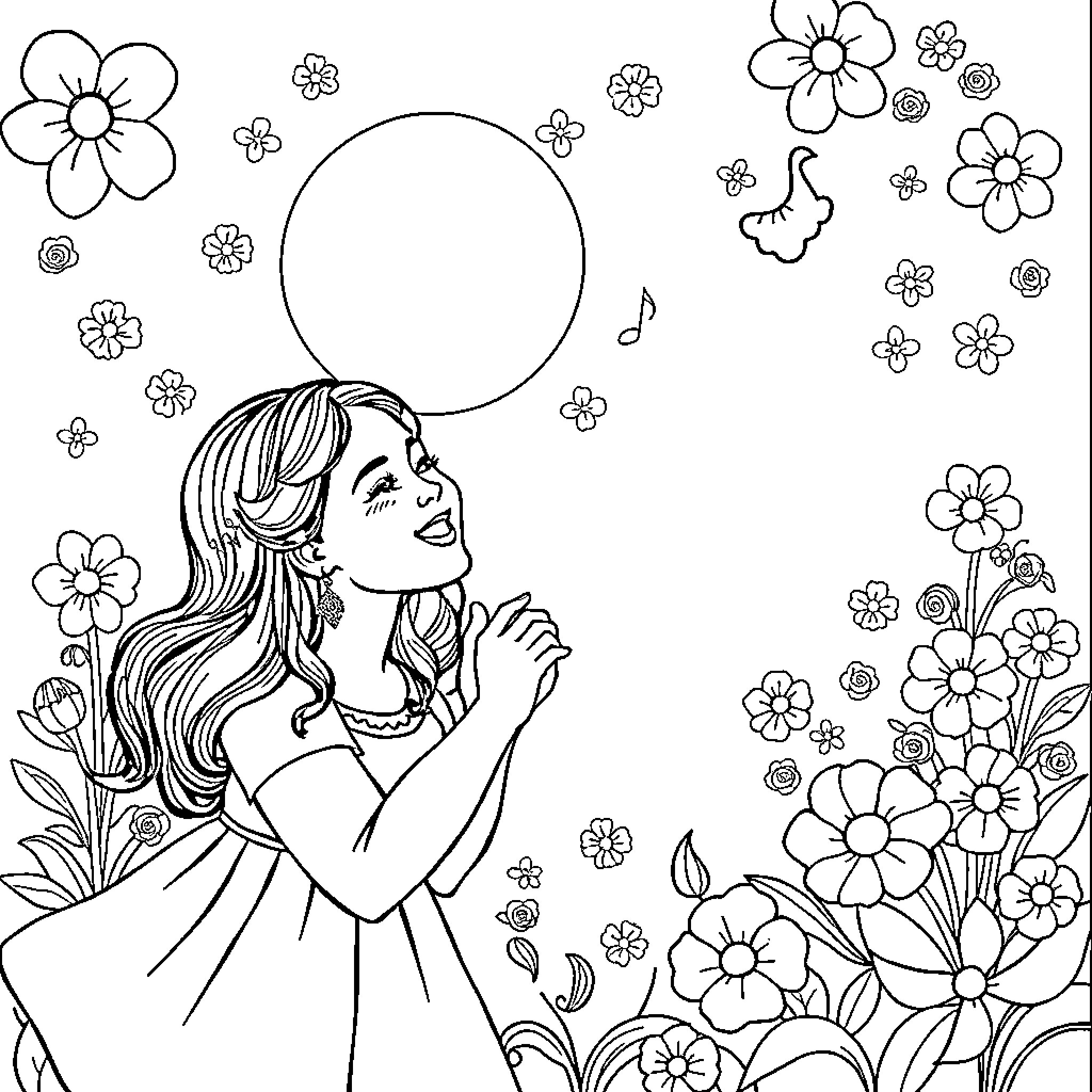 Tralaleo's Floral Fantasy Coloring Page (free black-and-white line drawing printable PDF for all, from beginners to advanced learners, including children, teens, adults, and seniors)