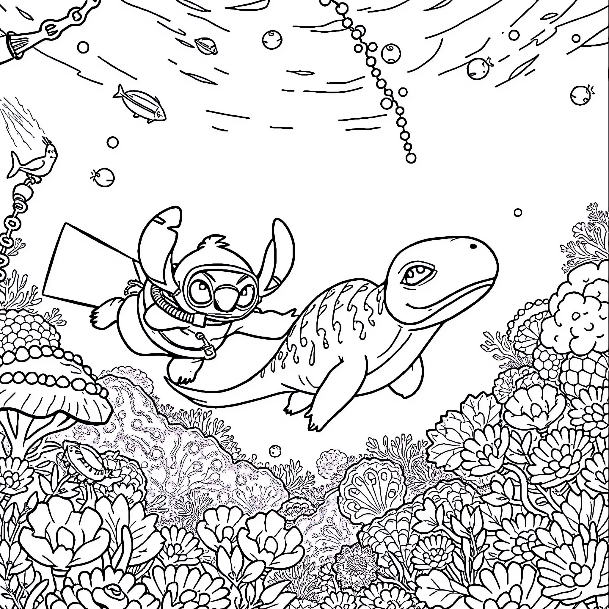 Lilo swimming with a friendly underwater creature Coloring Page (free black-and-white line drawing printable PDF for all, from beginners to advanced learners, including children, teens, adults, and seniors)