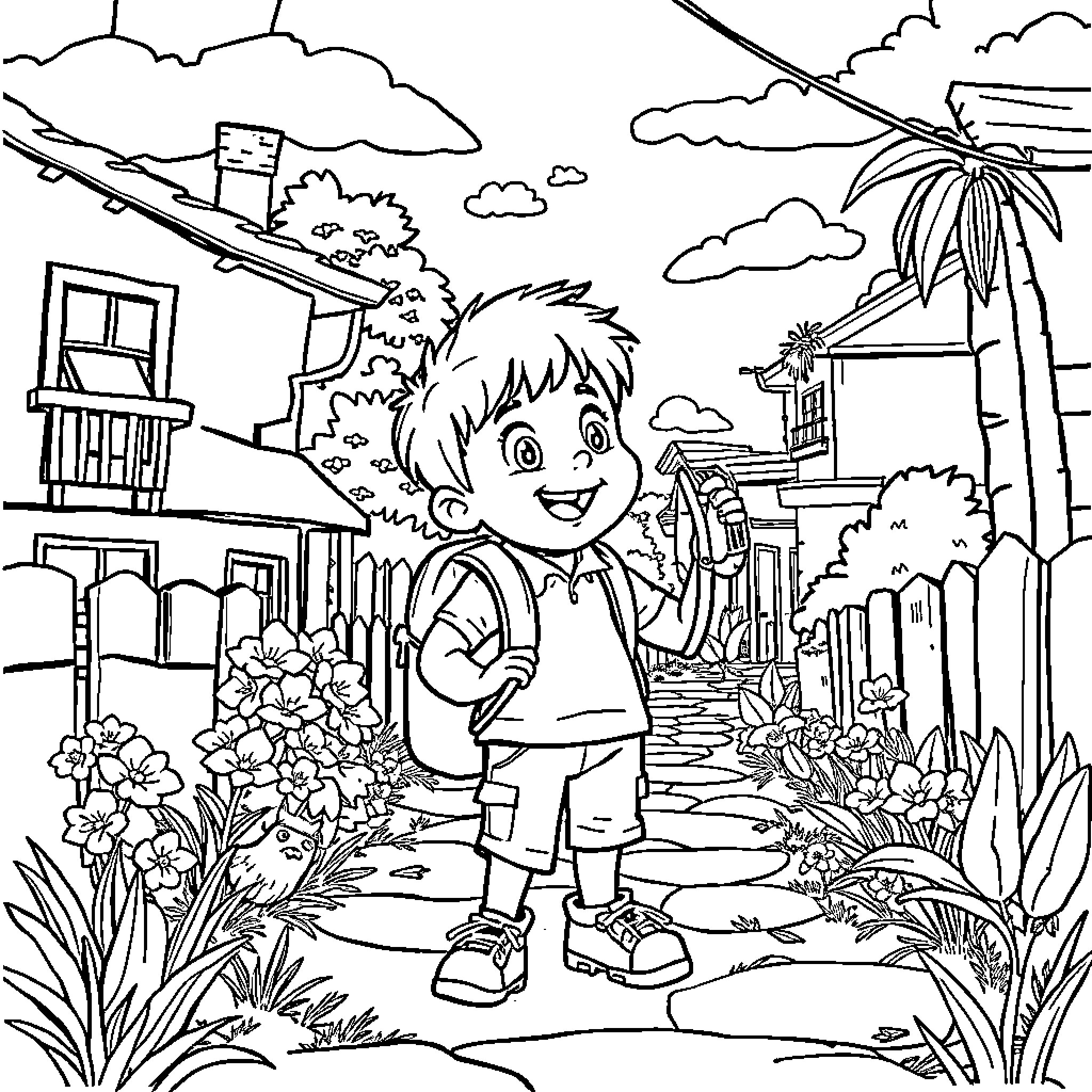 Niño exploring a tropical village scene Coloring Page (free black-and-white line drawing printable PDF for all, from beginners to advanced learners, including children, teens, adults, and seniors)
