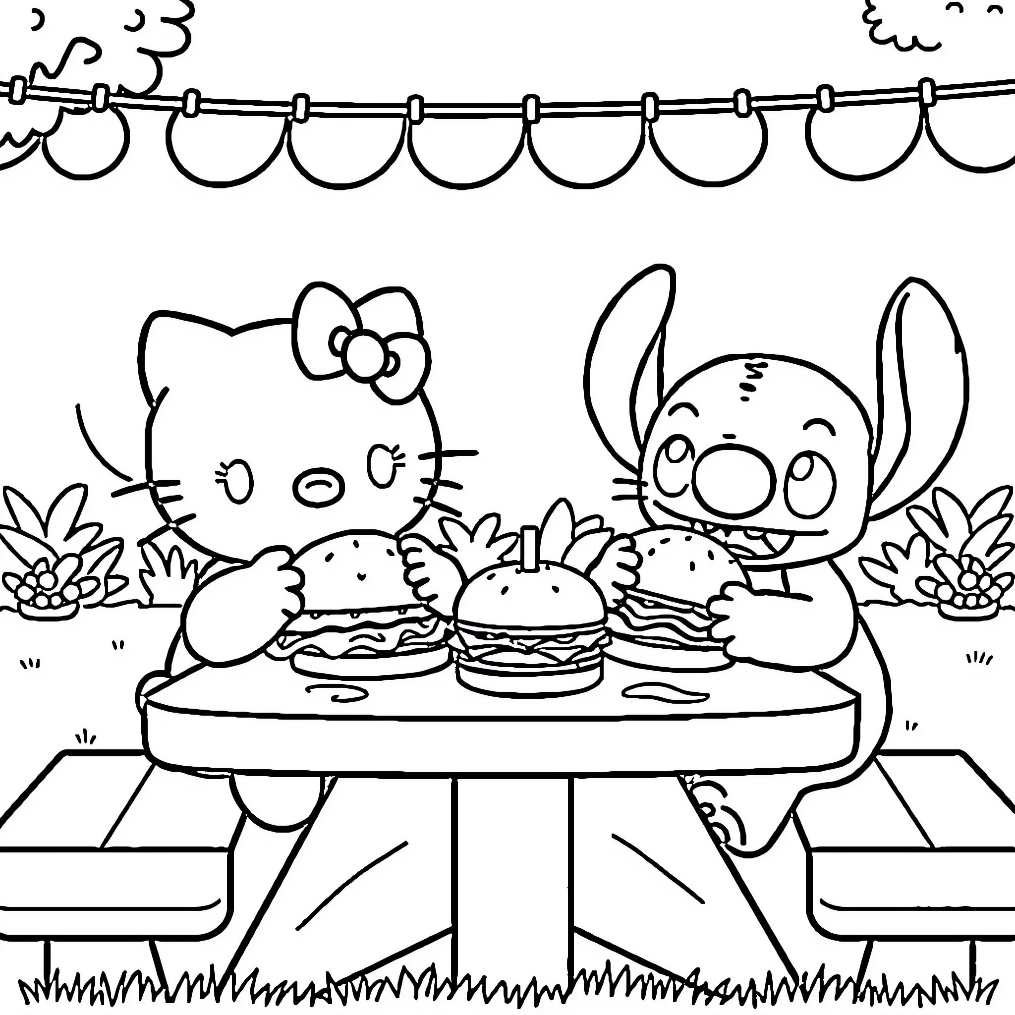 Hello Kitty and Stitch enjoy a picnic with burgers Coloring Page (free black-and-white line drawing printable PDF for all, from beginners to advanced learners, including children, teens, adults, and seniors)
