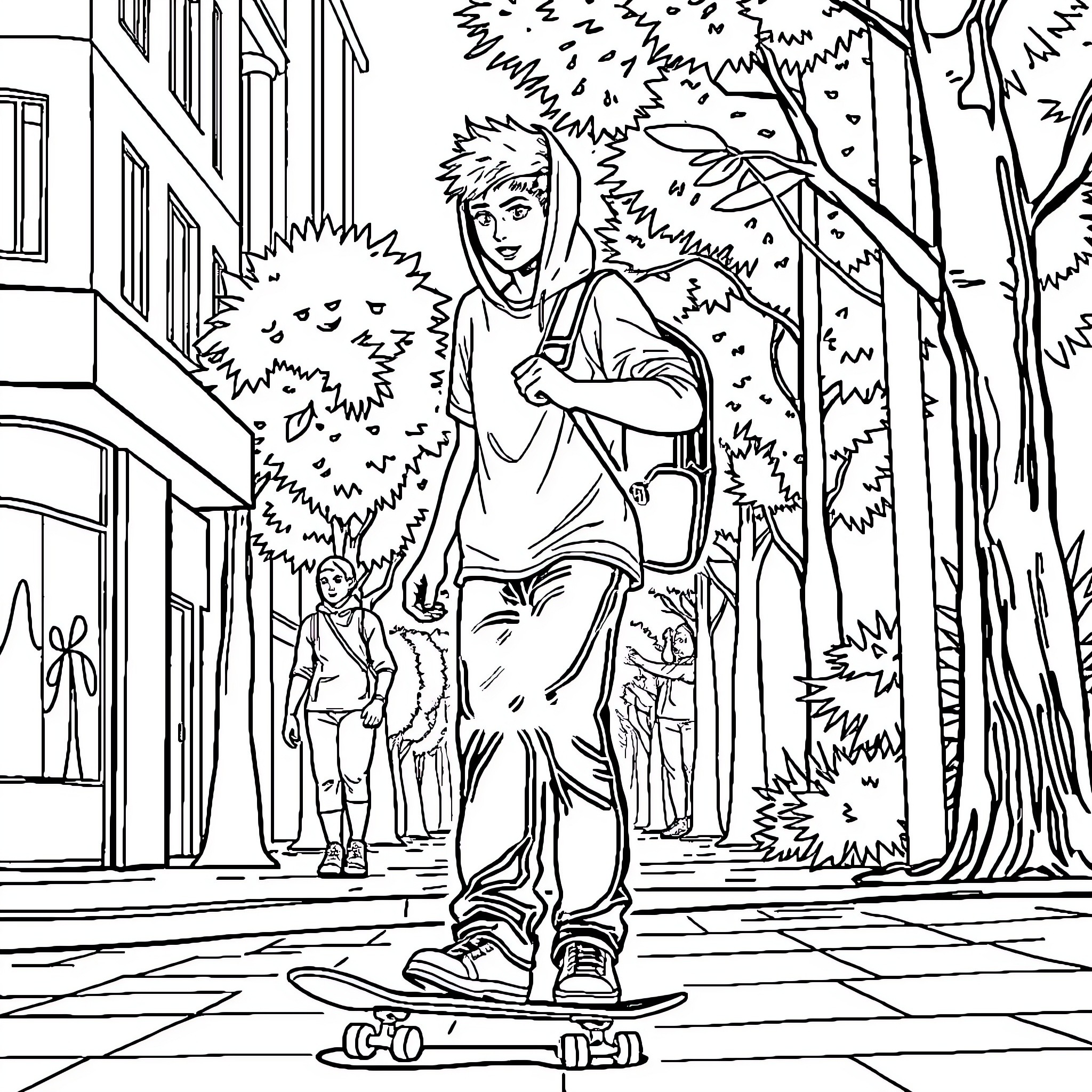 Skateboard rider in urban landscape Coloring Page (free black-and-white line drawing printable PDF for all, from beginners to advanced learners, including children, teens, adults, and seniors)