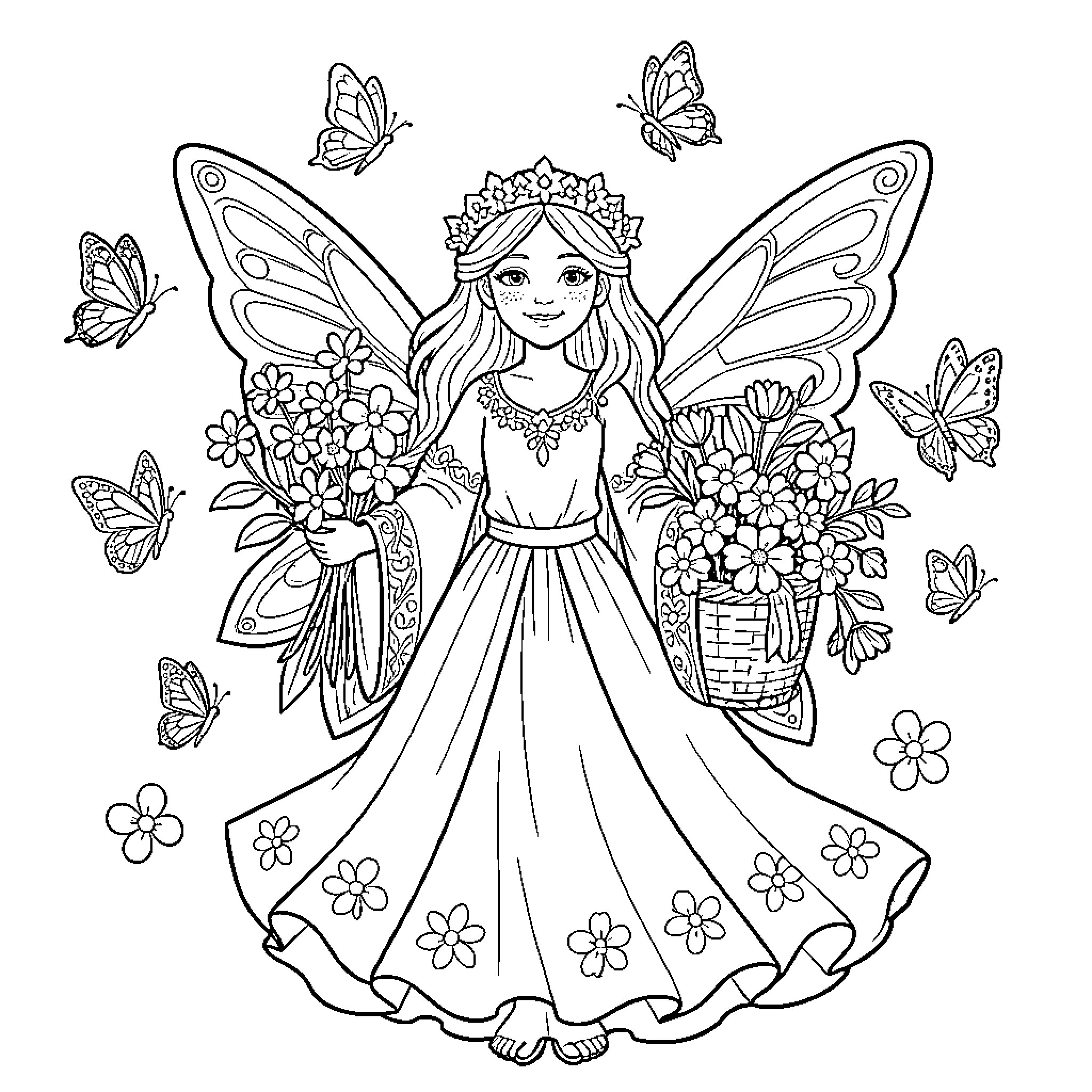 Fairy Princess in Floral Garden with Butterflies Coloring Page (free black-and-white line drawing printable PDF for all, from beginners to advanced learners, including children, teens, adults, and seniors)
