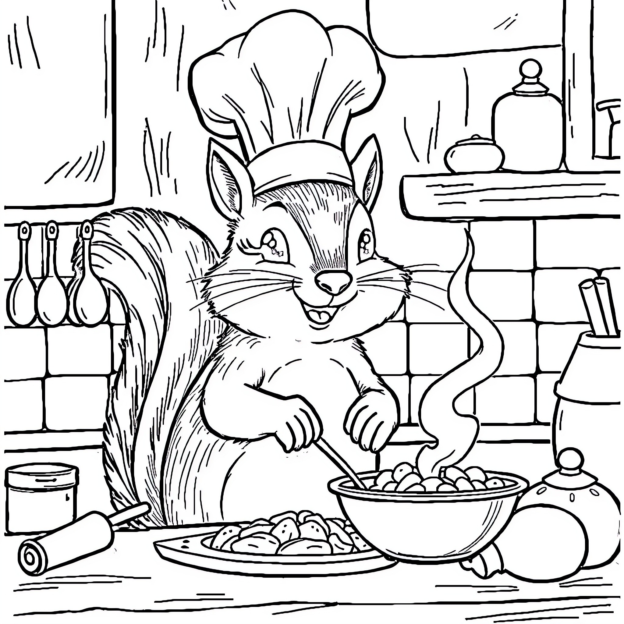Squirrel chef cooking delicious treats in the kitchen Coloring Page (free black-and-white line drawing printable PDF for all, from beginners to advanced learners, including children, teens, adults, and seniors)