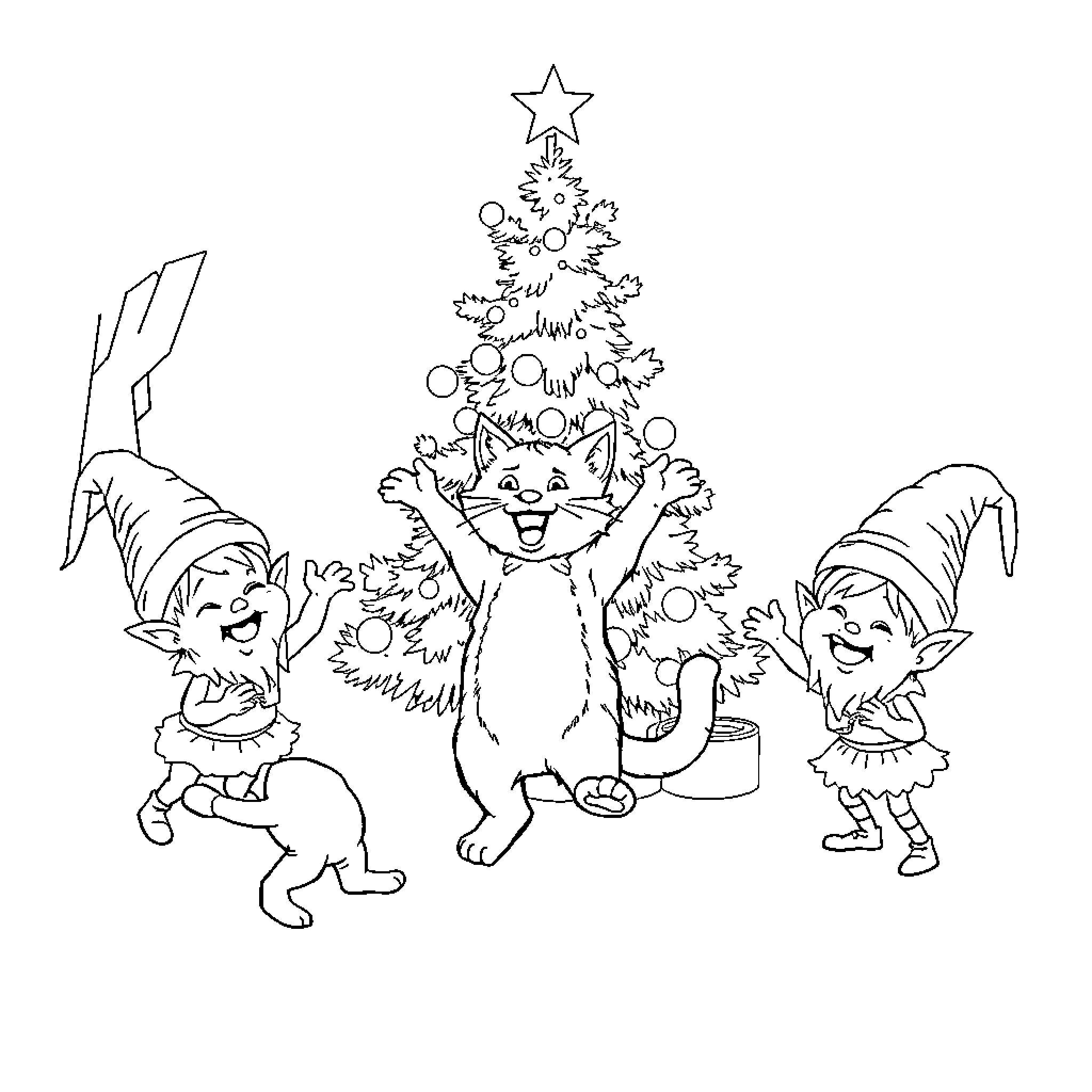 Cats Celebrating Christmas with a Tree Coloring Page (free black-and-white line drawing printable PDF for all, from beginners to advanced learners, including children, teens, adults, and seniors)