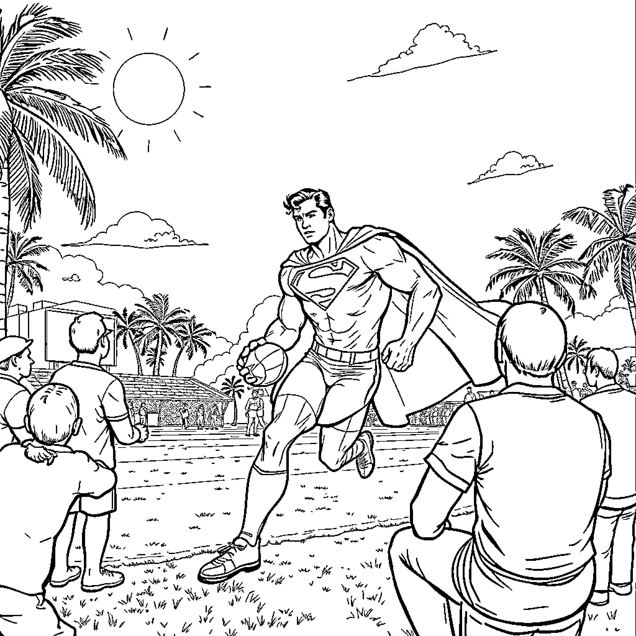 Superman saves the day in tropical paradise Coloring Page (free black-and-white line drawing printable PDF for all, from beginners to advanced learners, including children, teens, adults, and seniors)