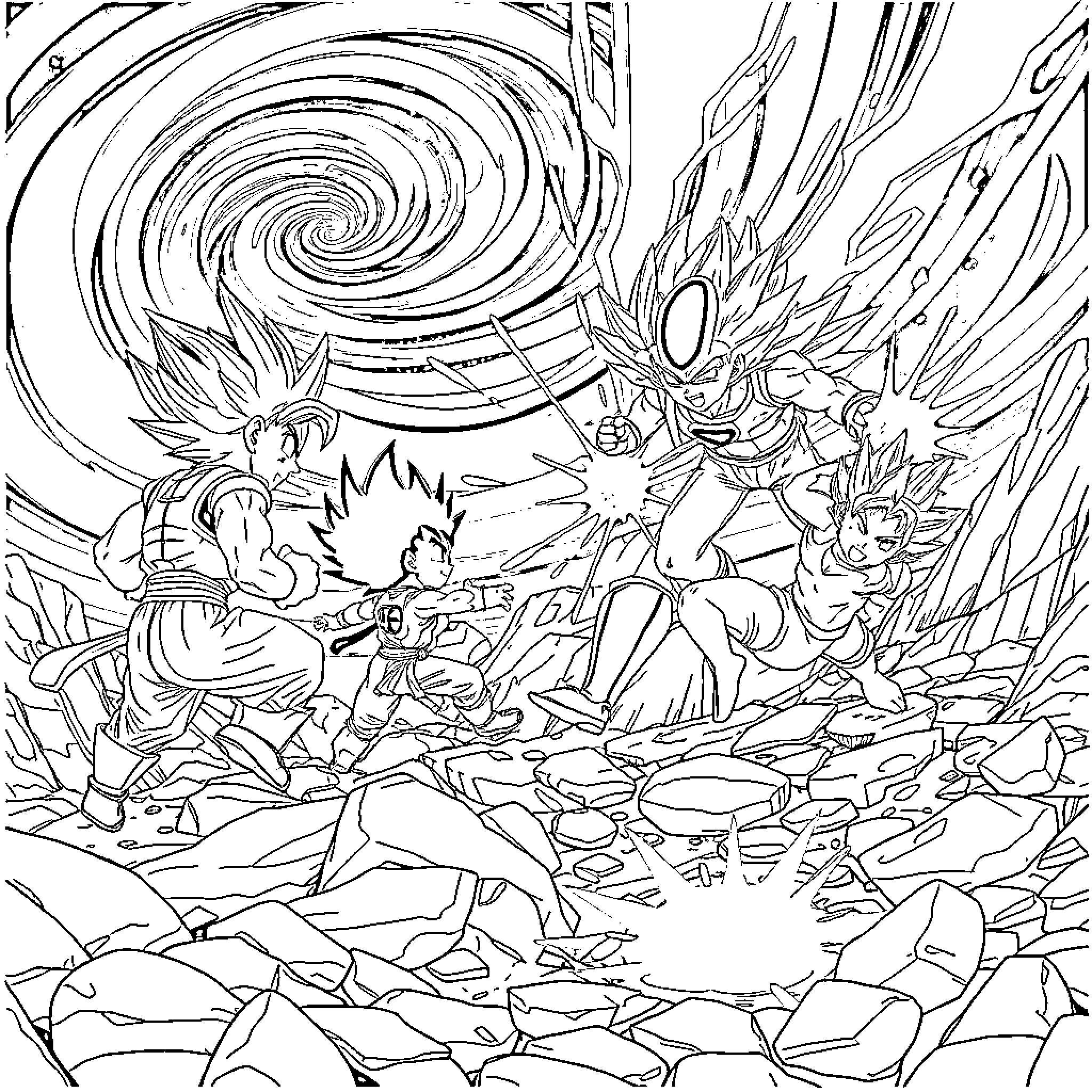 Dragon Ball characters in an epic battle scene Coloring Page (free black-and-white line drawing printable PDF for all, from beginners to advanced learners, including children, teens, adults, and seniors)