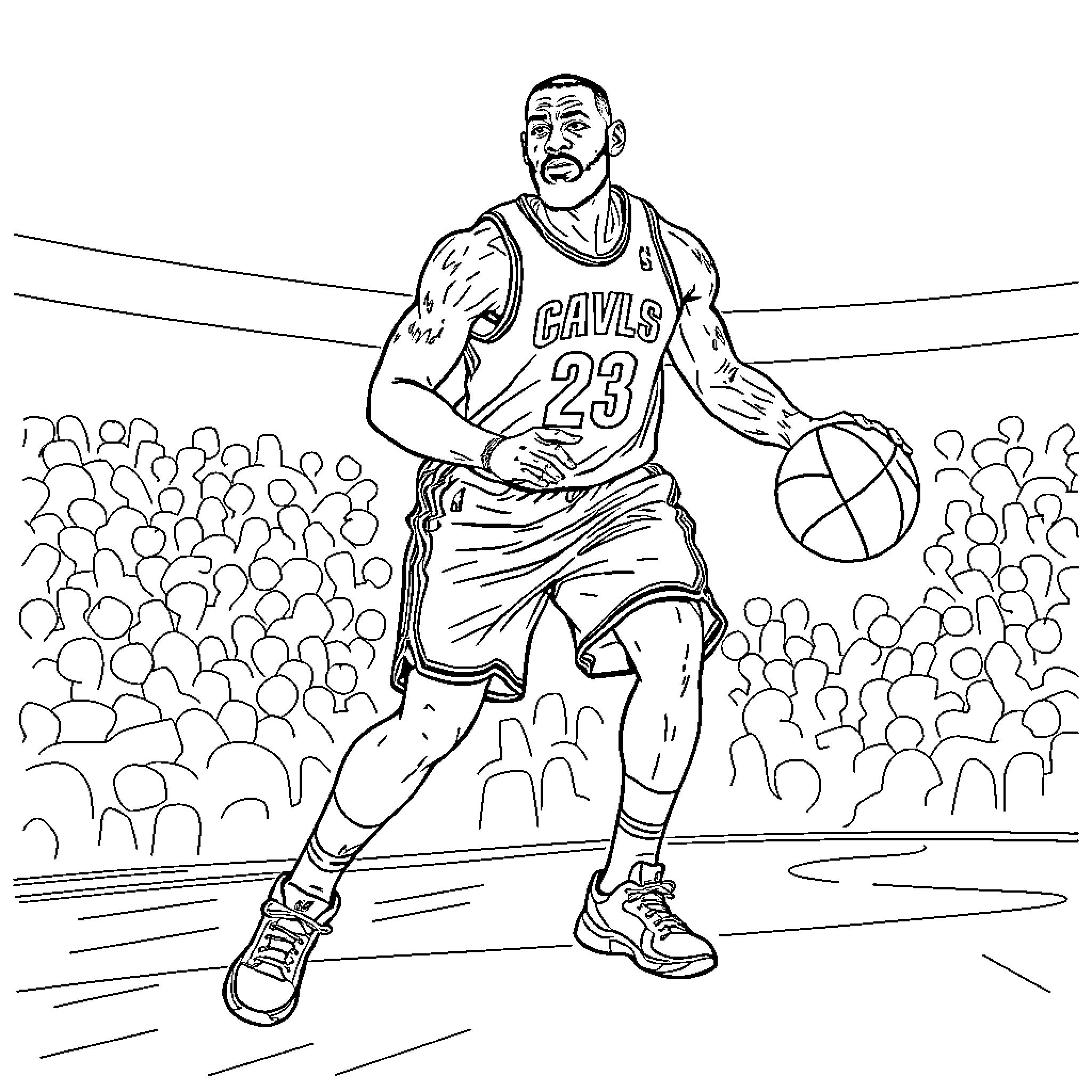 LeBron James playing basketball in a crowd Coloring Page (free black-and-white line drawing printable PDF for all, from beginners to advanced learners, including children, teens, adults, and seniors)