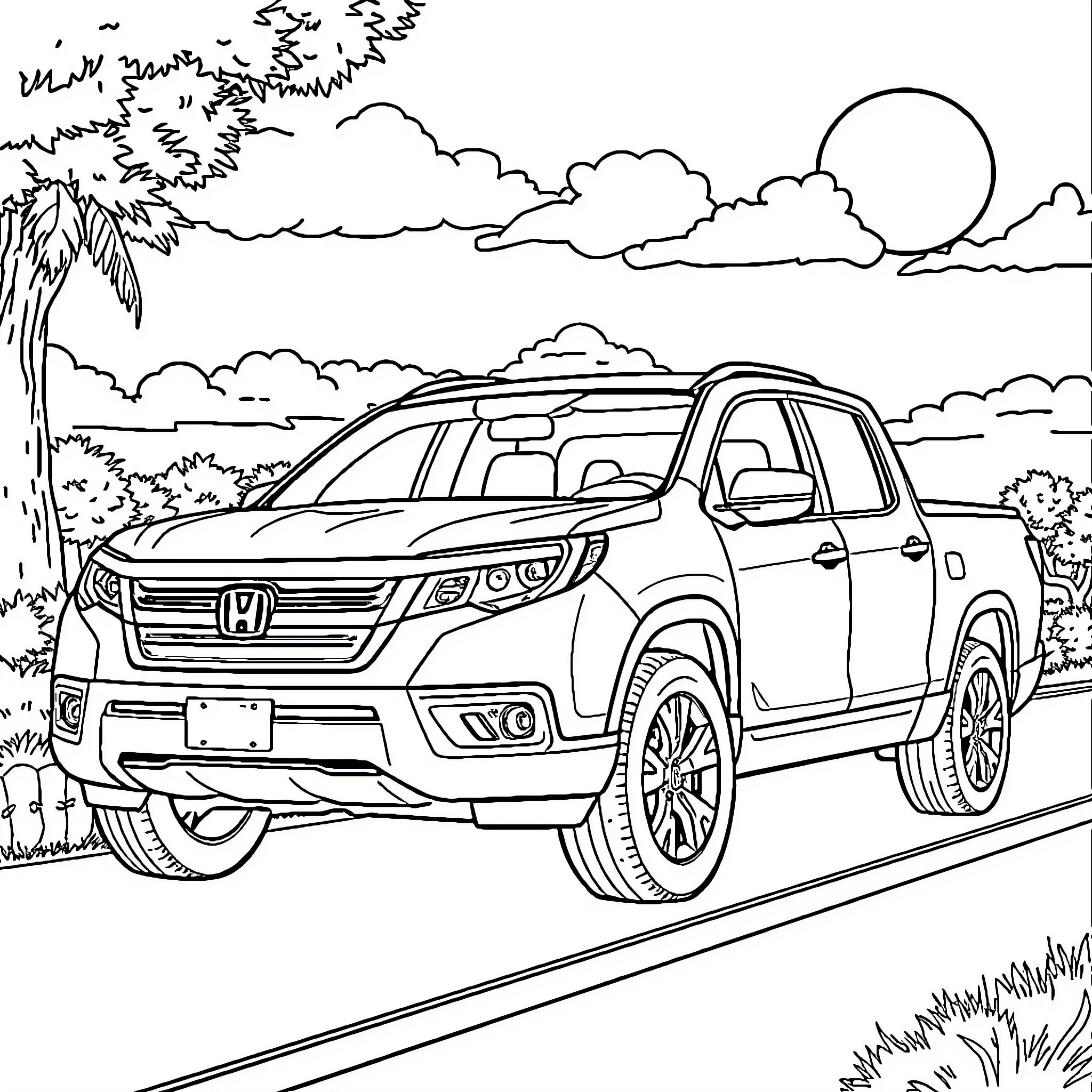 Honda Ridgeline driving through scenic landscape Coloring Page (free black-and-white line drawing printable PDF for all, from beginners to advanced learners, including children, teens, adults, and seniors)