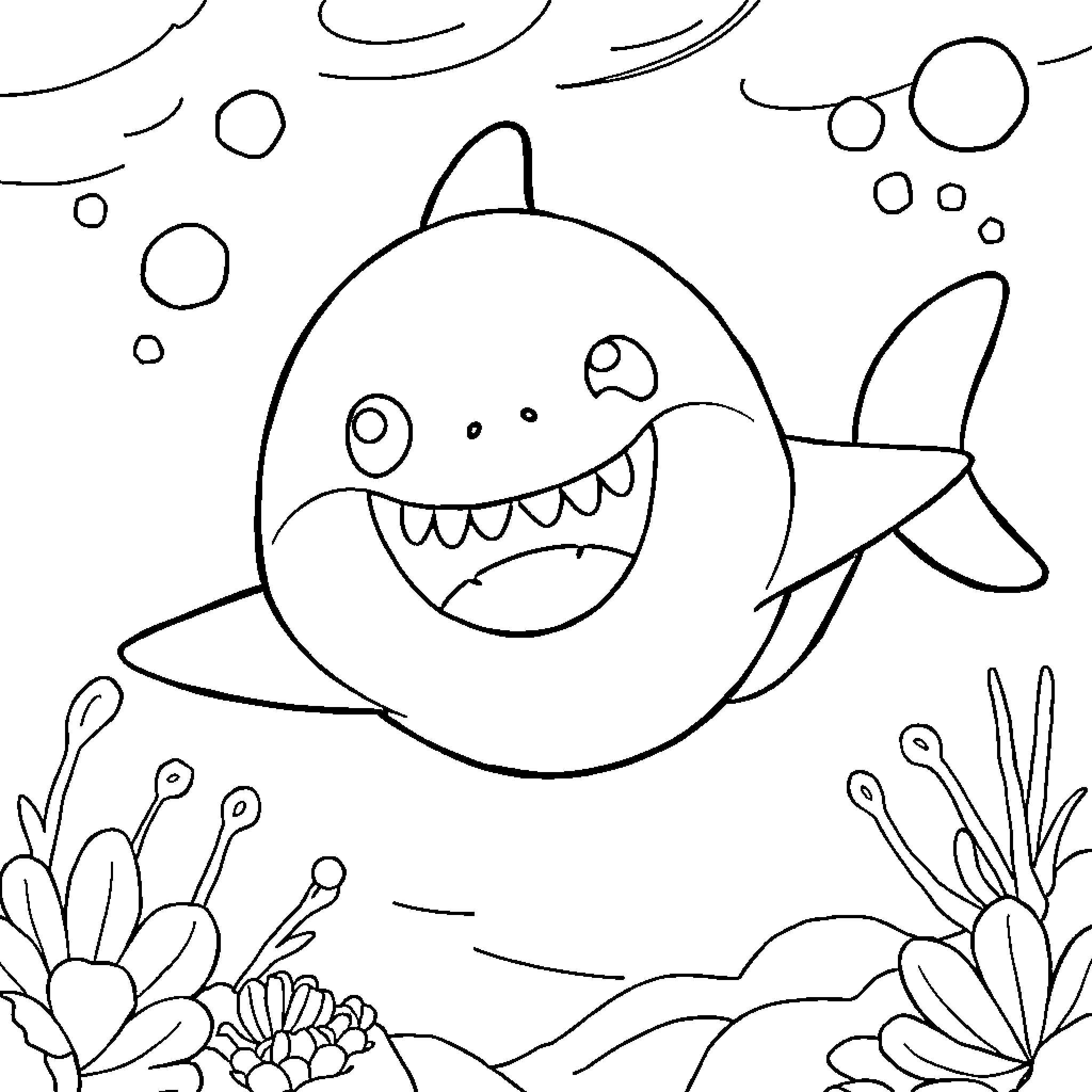 Baby Shark swimming happily underwater Coloring Page (free black-and-white line drawing printable PDF for all, from beginners to advanced learners, including children, teens, adults, and seniors)