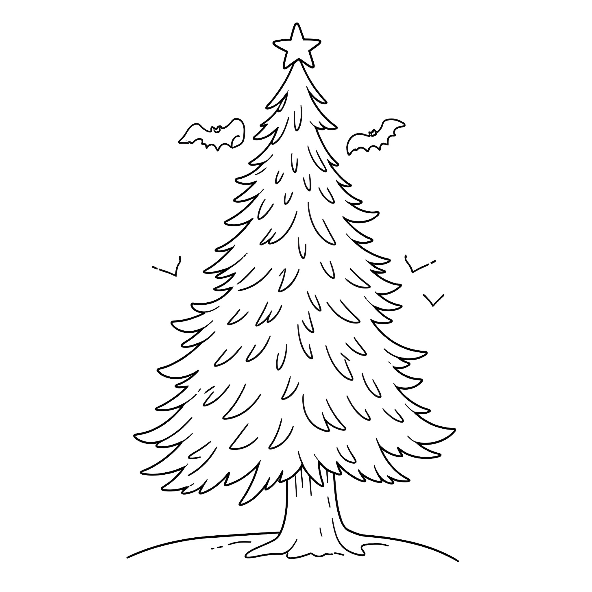 Cat-shaped Christmas tree with star topper Coloring Page (free black-and-white line drawing printable PDF for all, from beginners to advanced learners, including children, teens, adults, and seniors)
