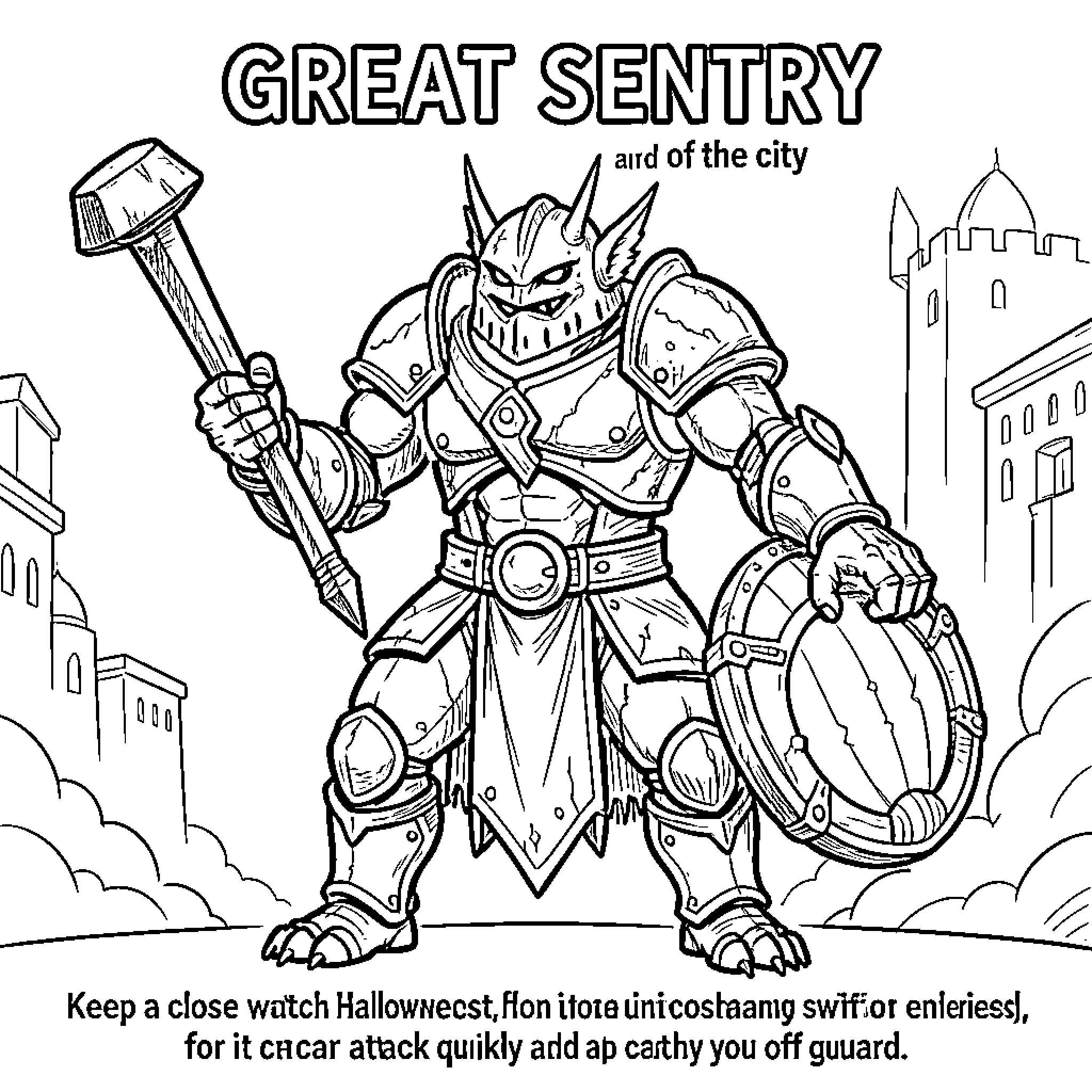Sentry in heavy armor wielding a hammer and shield Coloring Page (free black-and-white line drawing printable PDF for all, from beginners to advanced learners, including children, teens, adults, and seniors)