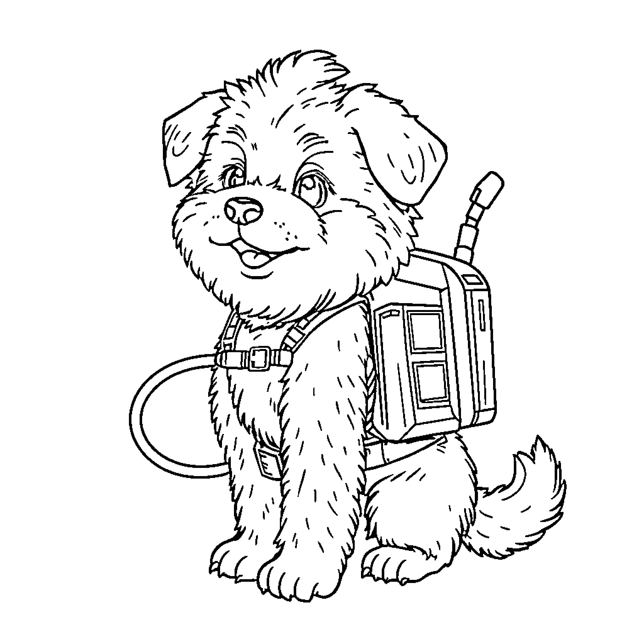 Ghostbuster Dog carrying a proton pack Coloring Page (free black-and-white line drawing printable PDF for all, from beginners to advanced learners, including children, teens, adults, and seniors)