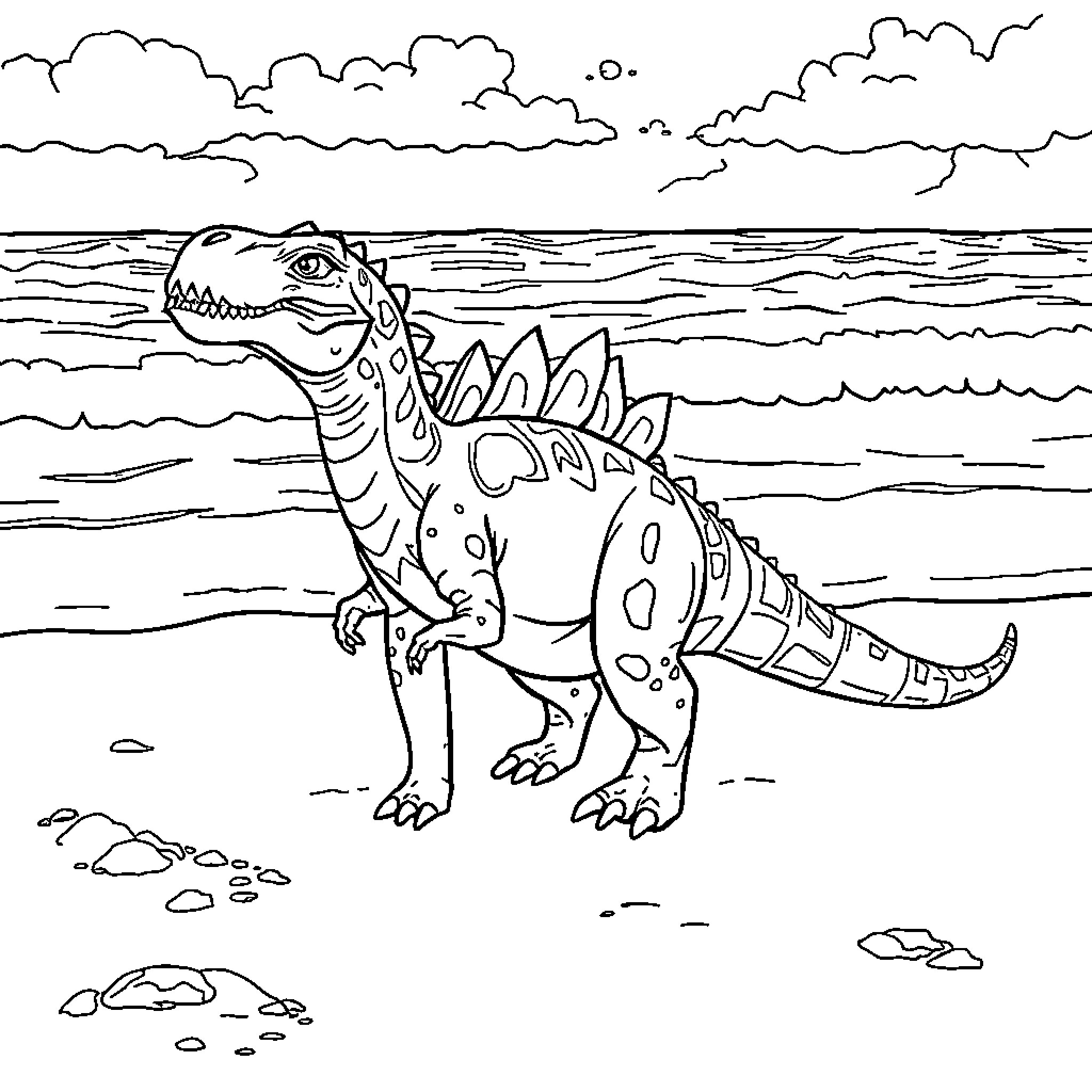 Ankylosaurus exploring the shoreline Coloring Page (free black-and-white line drawing printable PDF for all, from beginners to advanced learners, including children, teens, adults, and seniors)