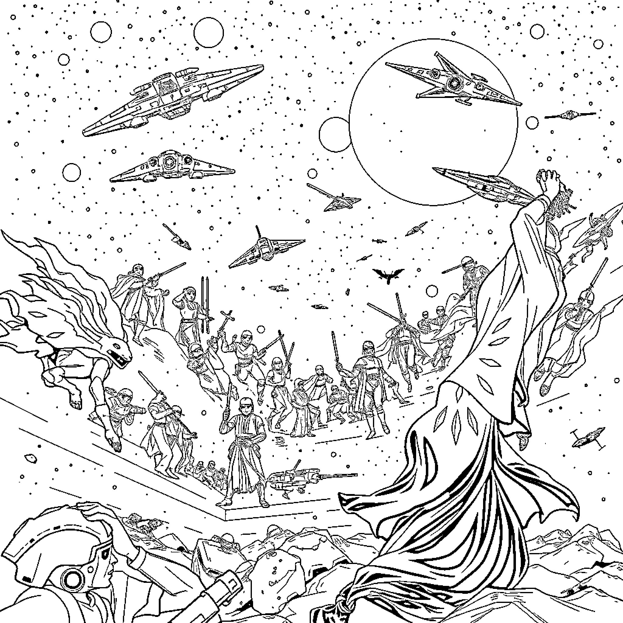 Star Wars: Sci-Fi Spacecraft and Galactic Battle Scenes Coloring Page (free black-and-white line drawing printable PDF for all, from beginners to advanced learners, including children, teens, adults, and seniors)