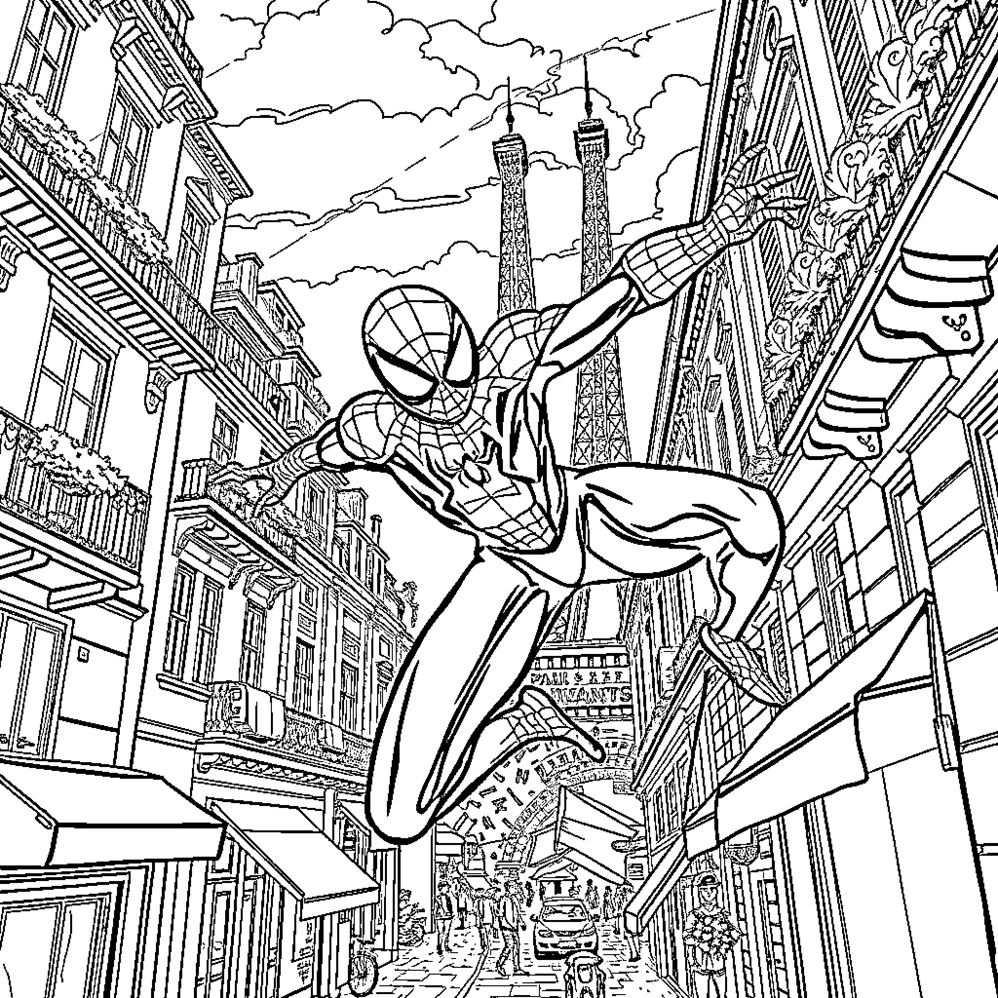 Spider-Man swinging through the streets of Paris Coloring Page (free black-and-white line drawing printable PDF for all, from beginners to advanced learners, including children, teens, adults, and seniors)