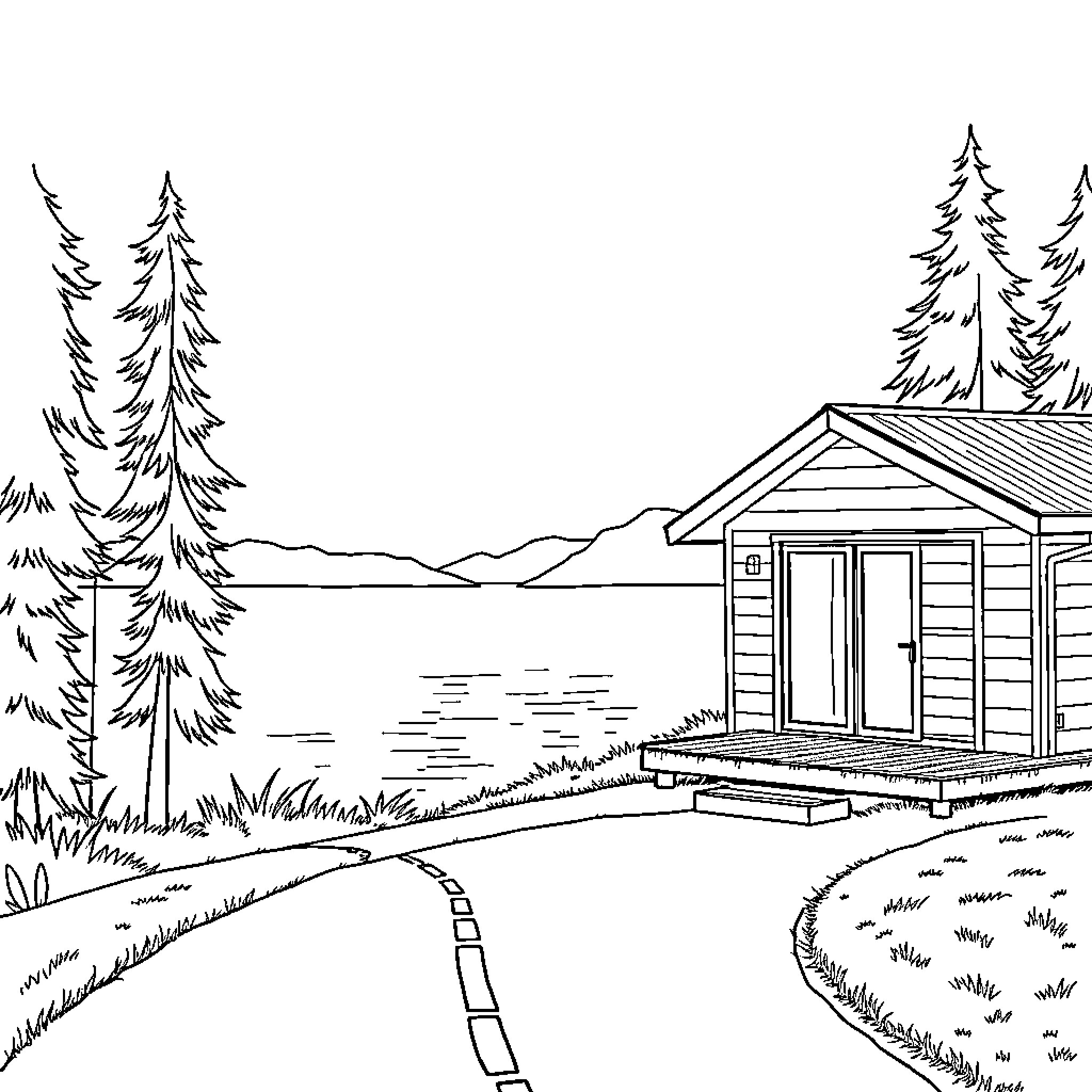Camp by the serene lakeside cabin Coloring Page (free black-and-white line drawing printable PDF for all, from beginners to advanced learners, including children, teens, adults, and seniors)