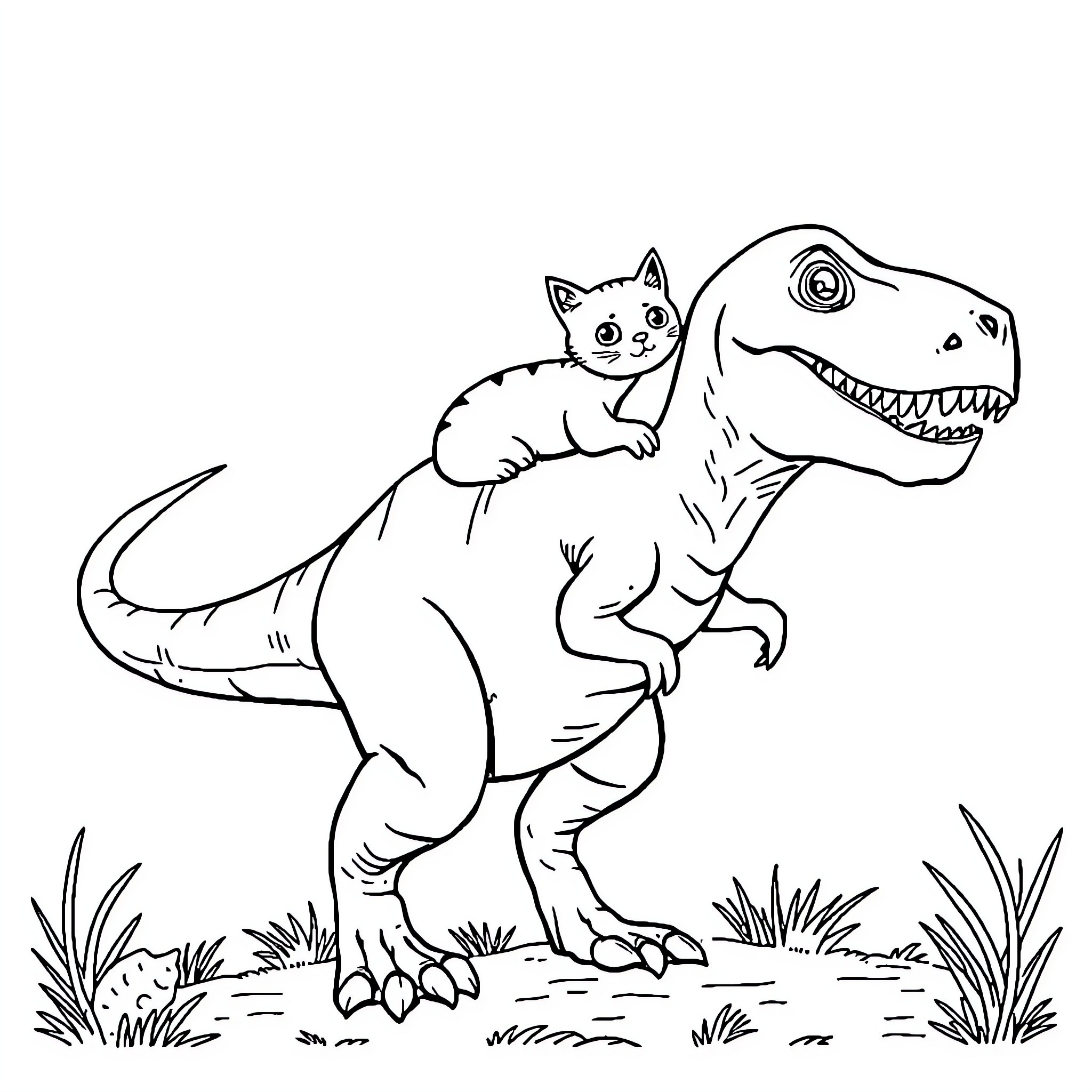 Cat riding playfully on dinosaur Coloring Page (free black-and-white line drawing printable PDF for all, from beginners to advanced learners, including children, teens, adults, and seniors)