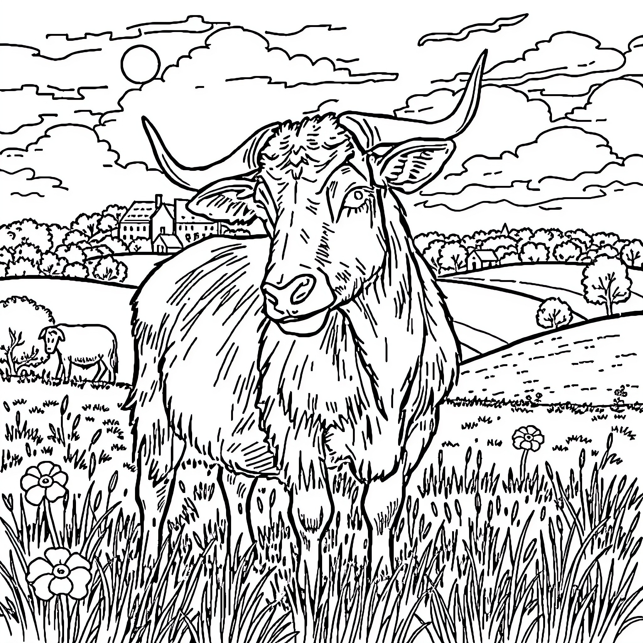 Cow grazing peacefully in a scenic countryside Coloring Page (free black-and-white line drawing printable PDF for all, from beginners to advanced learners, including children, teens, adults, and seniors)