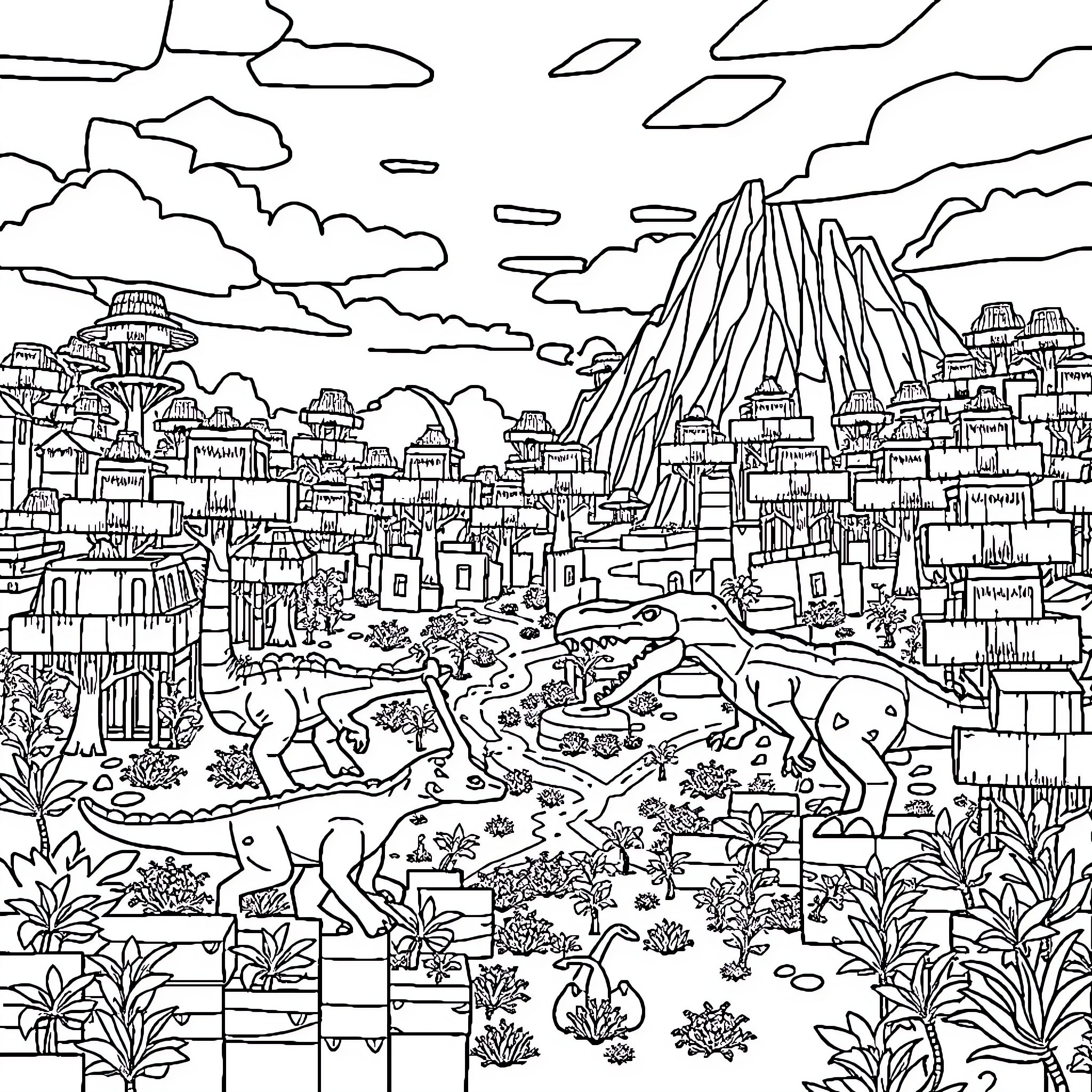 Minecraft Dinosaur Landscape with City Skyline Coloring Page (free black-and-white line drawing printable PDF for all, from beginners to advanced learners, including children, teens, adults, and seniors)
