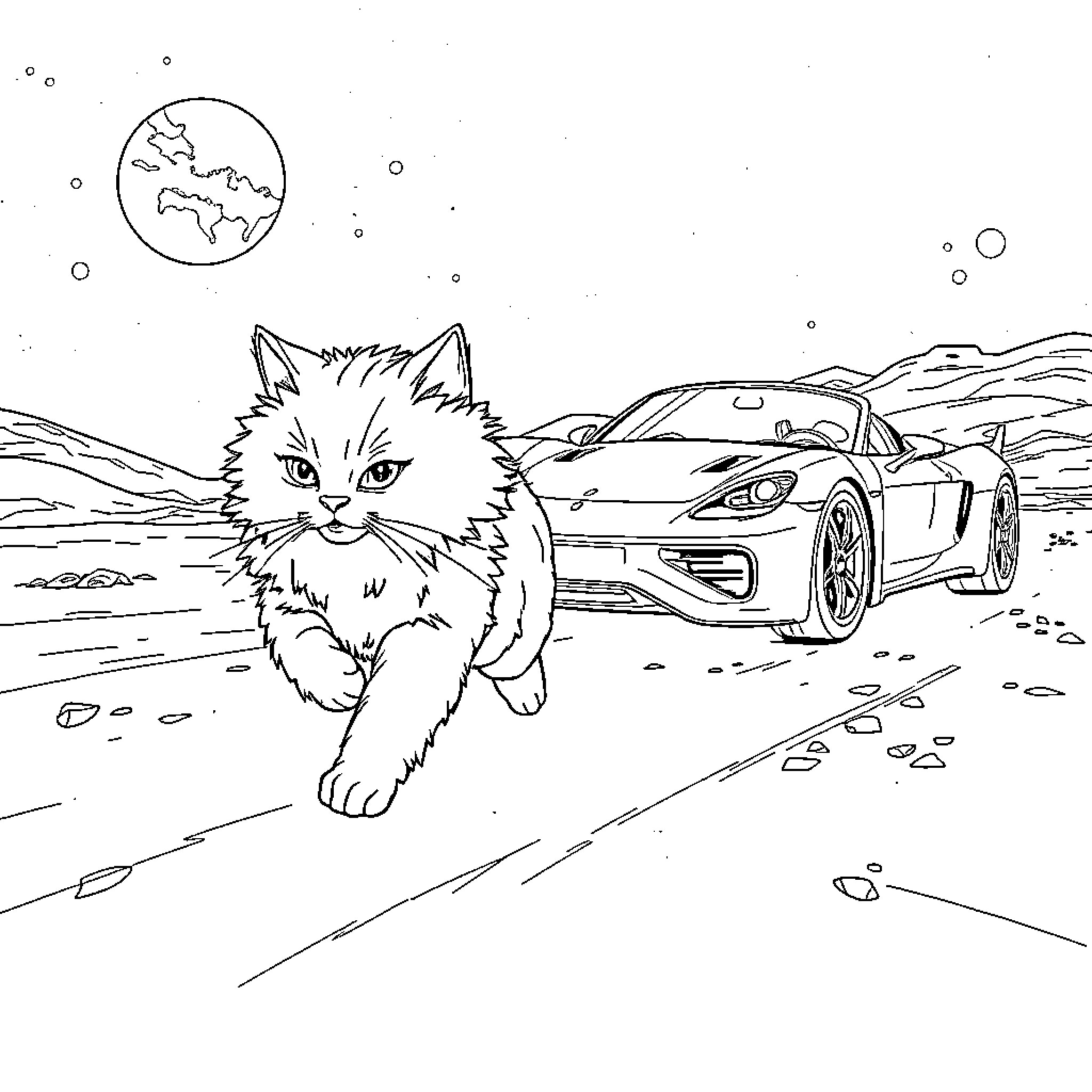 Cat exploring the open road with a sports car Coloring Page (free black-and-white line drawing printable PDF for all, from beginners to advanced learners, including children, teens, adults, and seniors)