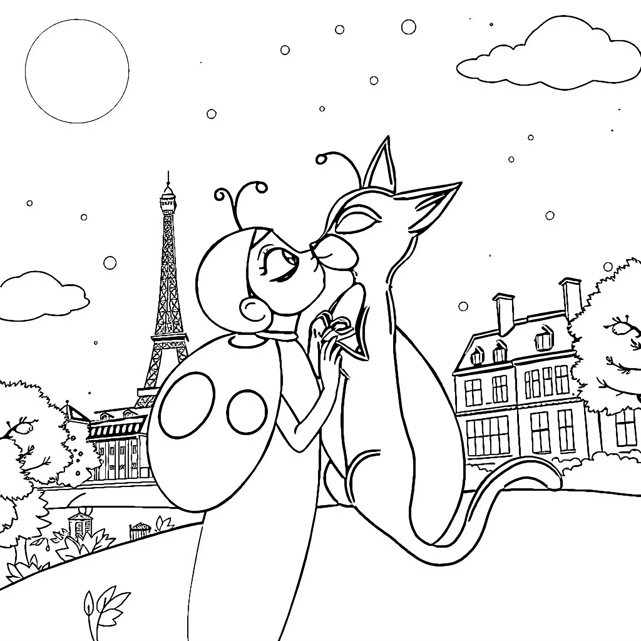 Ladybug and cat exploring the city Coloring Page (free black-and-white line drawing printable PDF for all, from beginners to advanced learners, including children, teens, adults, and seniors)