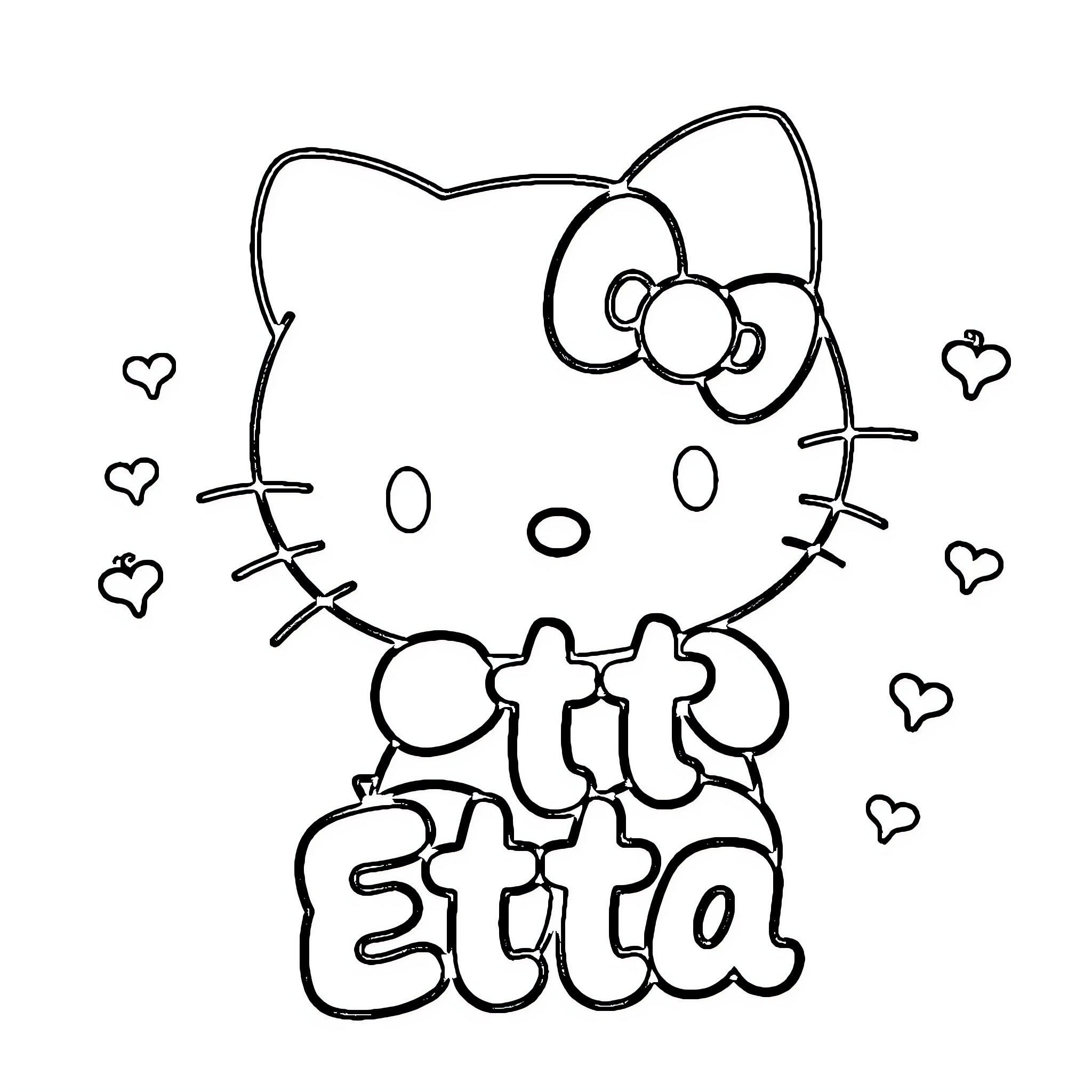 Hello Kitty wearing 'Otti etta' outfit with hearts Coloring Page (free black-and-white line drawing printable PDF for all, from beginners to advanced learners, including children, teens, adults, and seniors)