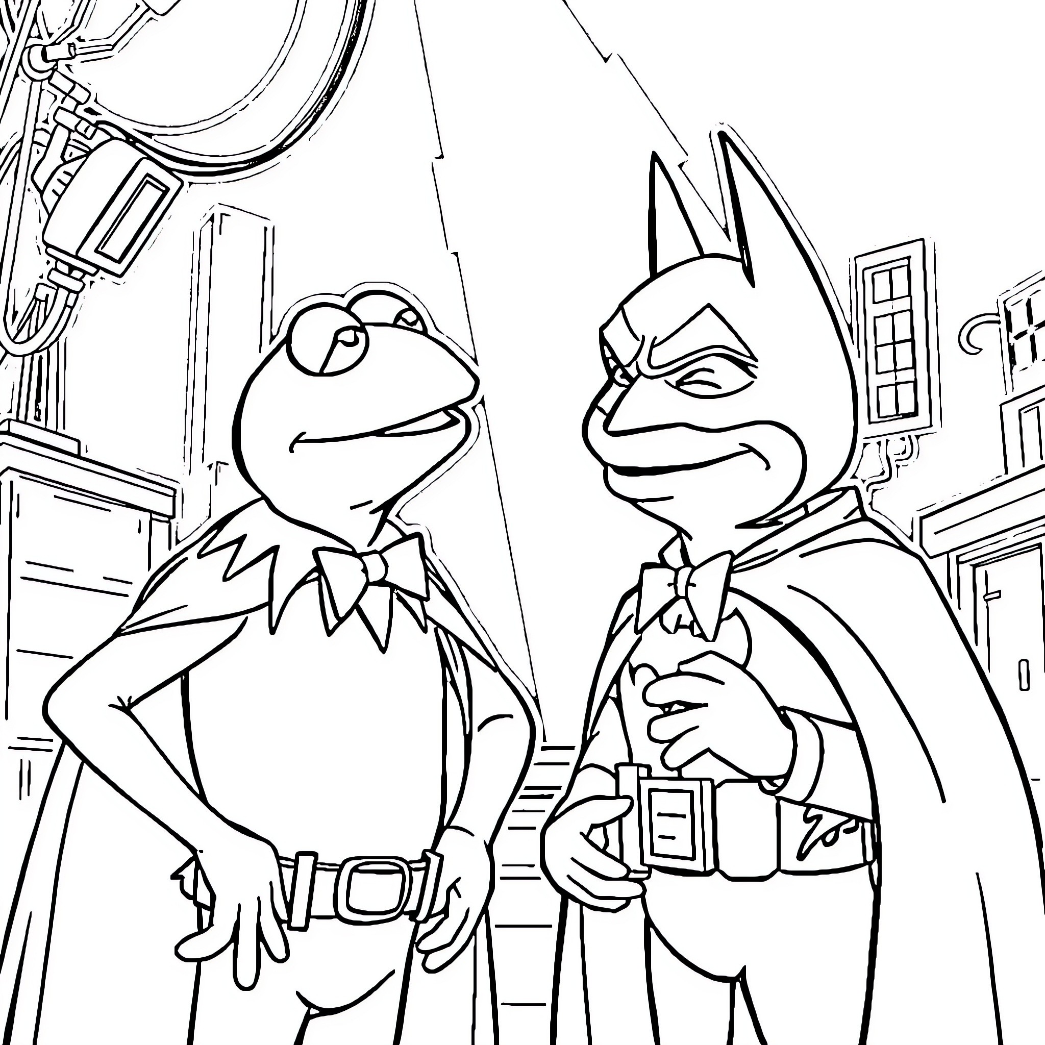Kermit and Batman in Gotham City Coloring Page (free black-and-white line drawing printable PDF for all, from beginners to advanced learners, including children, teens, adults, and seniors)