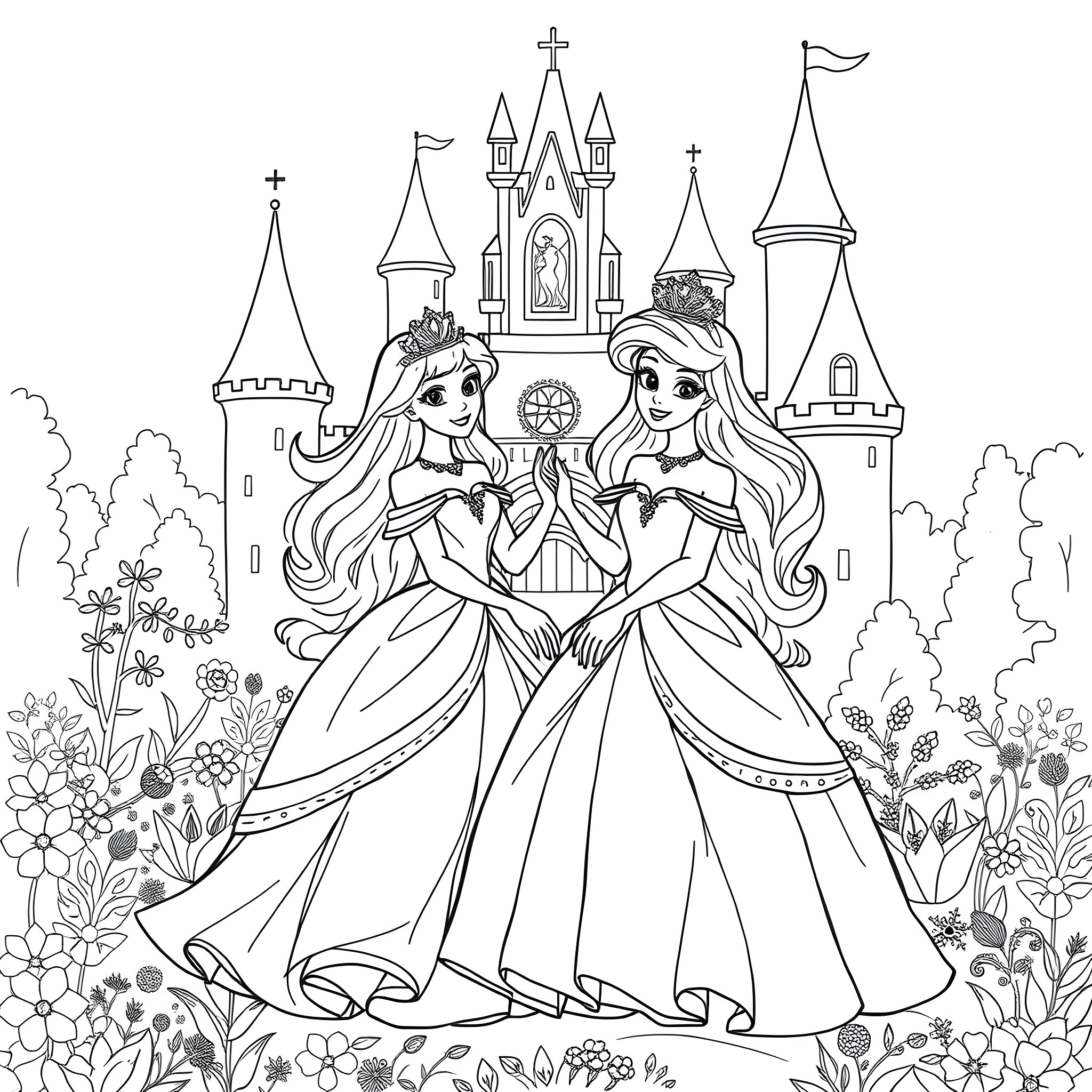 Bluey and friend in magical castle setting Coloring Page (free black-and-white line drawing printable PDF for all, from beginners to advanced learners, including children, teens, adults, and seniors)
