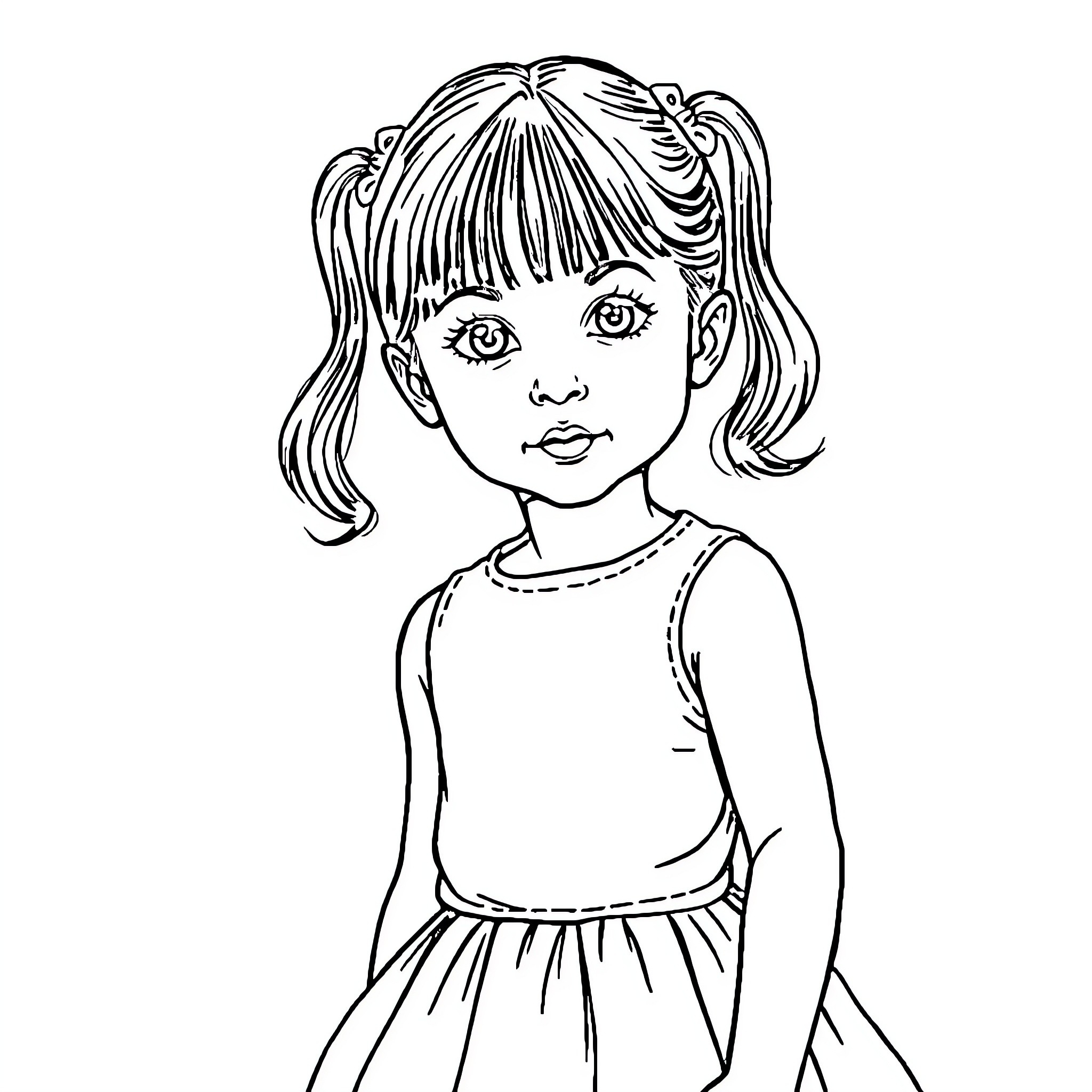 Girl in simple dress with pigtails Coloring Page (free black-and-white line drawing printable PDF for all, from beginners to advanced learners, including children, teens, adults, and seniors)