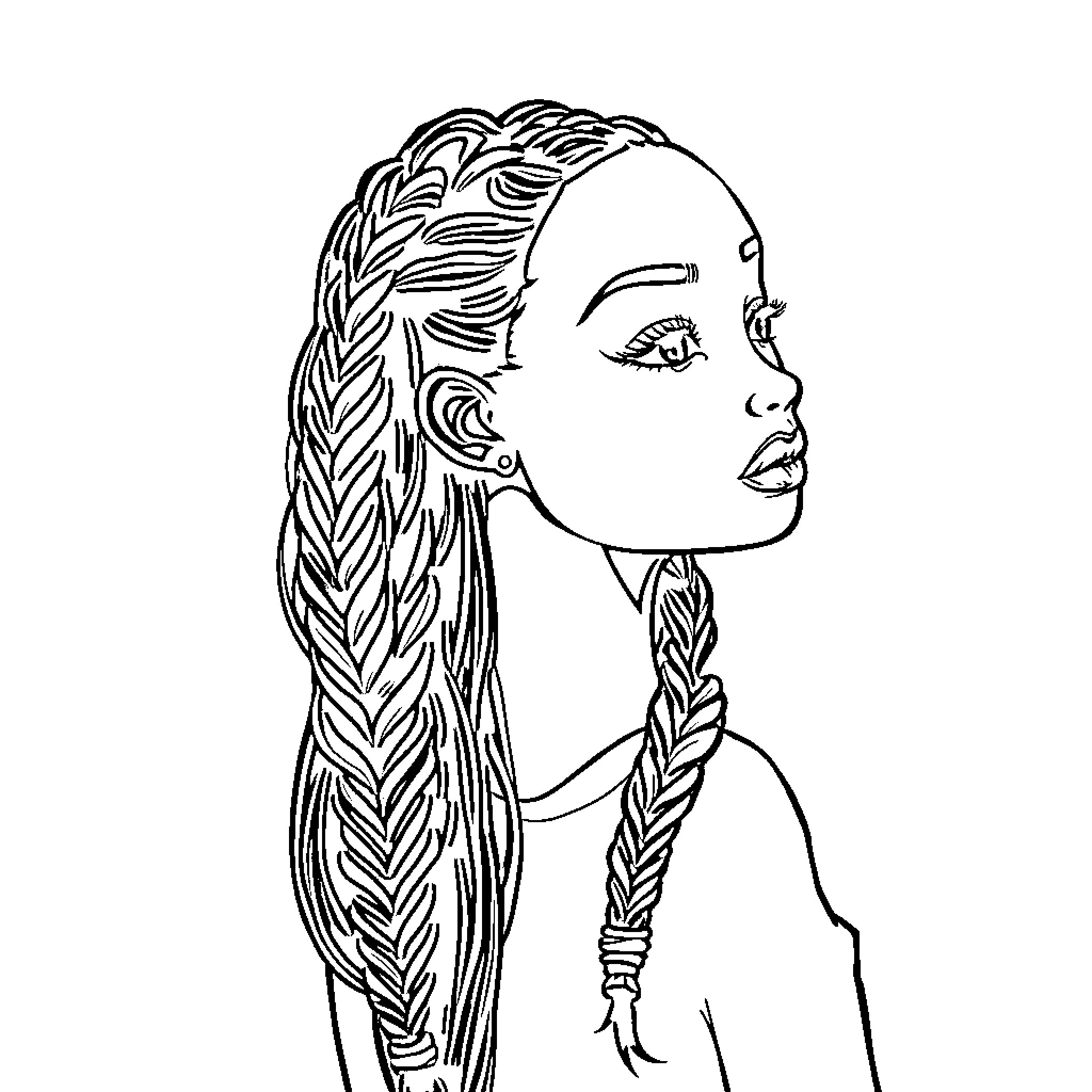Girl with Braided Hair and Thoughtful Expression Coloring Page (free black-and-white line drawing printable PDF for all, from beginners to advanced learners, including children, teens, adults, and seniors)