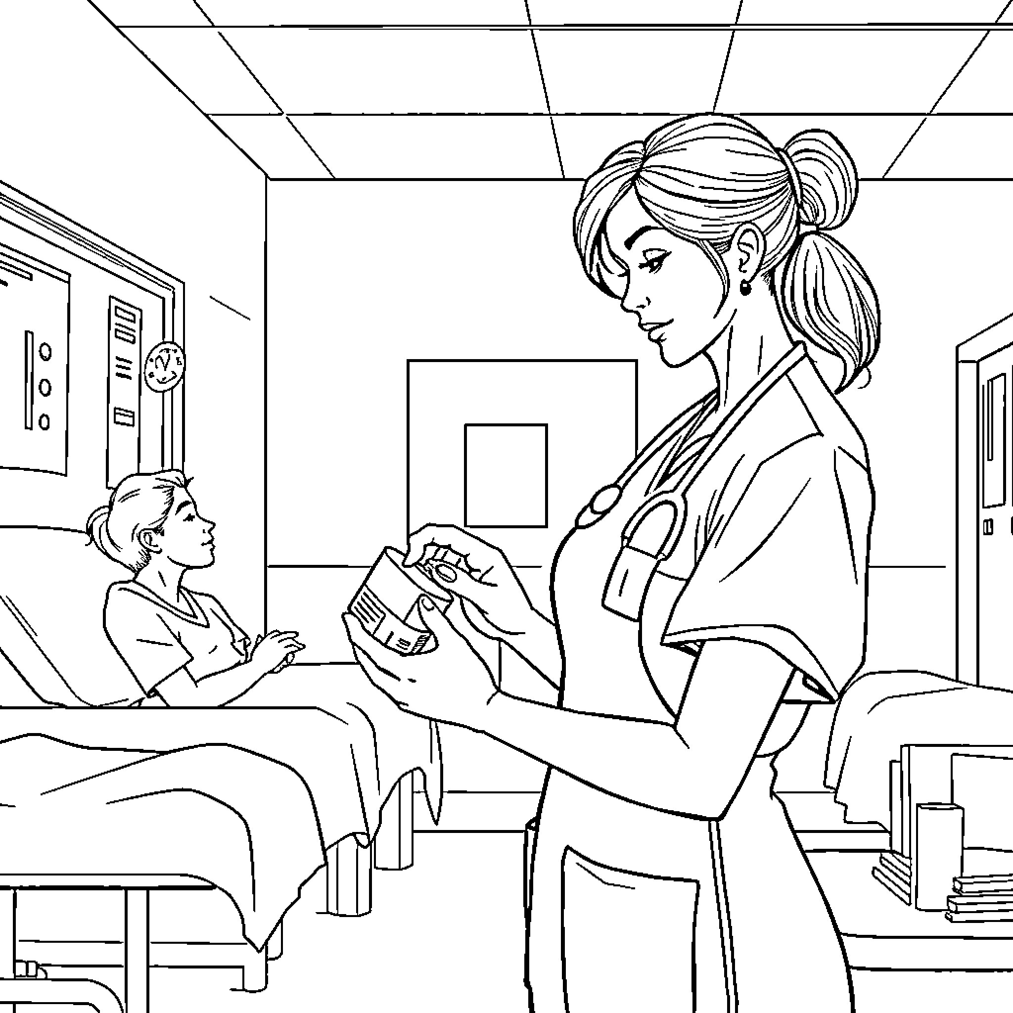 Nurse caring for patient in hospital room Coloring Page (free black-and-white line drawing printable PDF for all, from beginners to advanced learners, including children, teens, adults, and seniors)